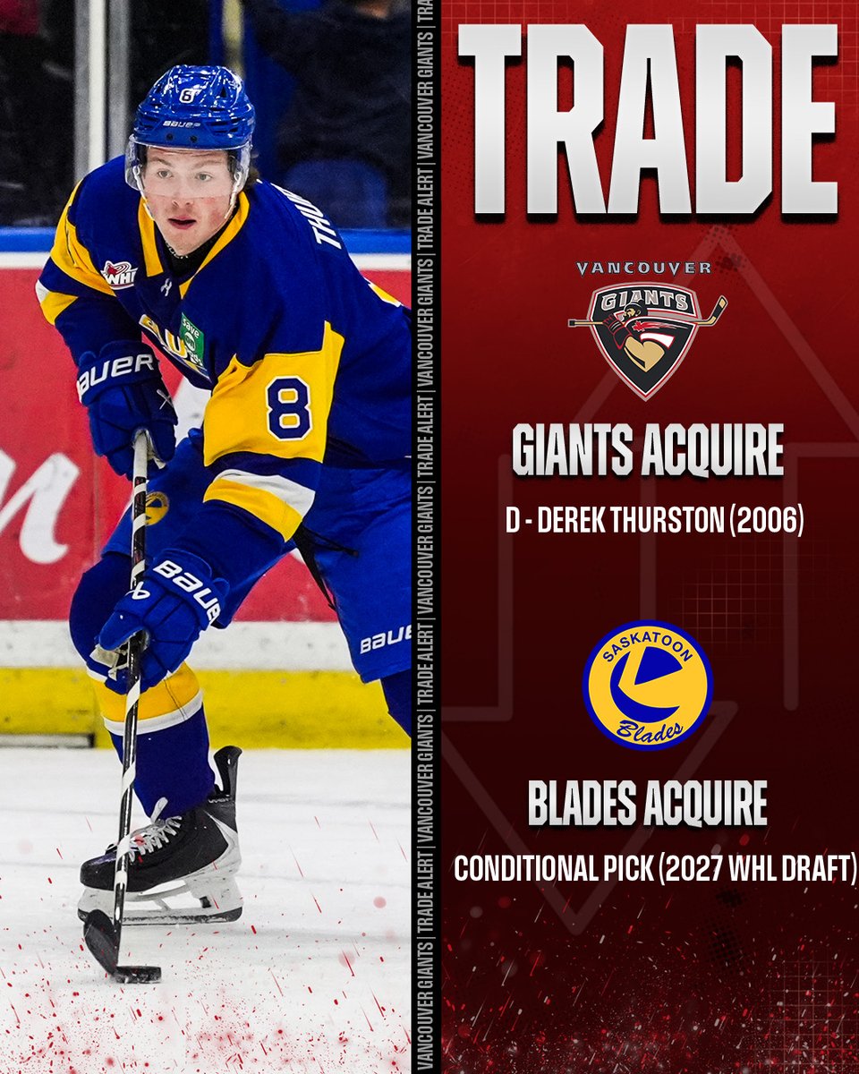 WHLGiants's tweet photo. 🚨 TRADE 🚨

The Vancouver Giants are excited to announce the acquisition of 20-year-old defenceman Derek Thurston from @BladesHockey!

FULL RELEASE 👉 https://t.co/TJ0q7XuwdJ

Welcome home Derek! https://t.co/GGracOlvrj