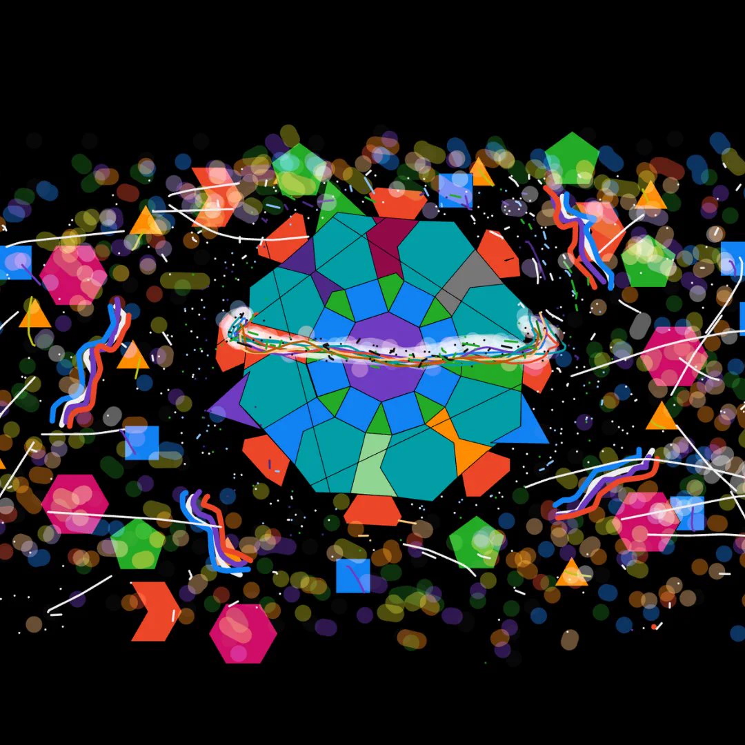 A colorful digital artwork featuring a large central dodecagon composed of various polygons in vivid colors of blue, green, orange, and purple. Surrounding the dodecagon are abstract shapes and patterns, including hexagons and swirling lines, set against a black background. The composition is lively and dynamic.