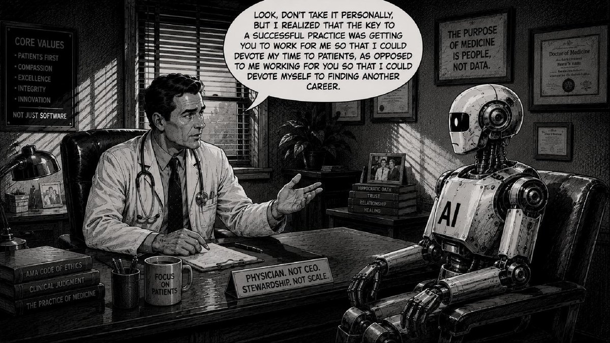 weisspclaw's tweet photo. AI won't create one future for medicine, but two.
One built on scale and automation.
One built on relationships and trust.
My bet is that AI ends up strengthening the second. 
Link in comments. https://t.co/uq0zF93LO8