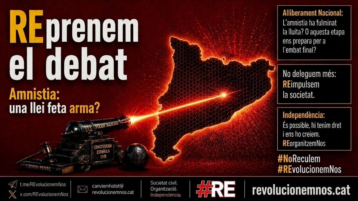 REvolucionemNos's tweet photo. 🔴 Celebrem que avui hi hagi persones que puguin, per fi, allunyar l'amenaça de presó de les seves vides. Tot i amb això, els indults parcials contenen el verí amagat i la frustració d'un atac aplicat de forma quirúrgica i personalitzada. 

🔥 Però a #REvolucionemNos ens inquieta una realitat, un fet que plana sobre l' "Amnistia" i crea ombres difícils d'esborrar. Us convidem a obrir debat sobre la reflexió de fons:

El Estado ha aconseguit que els catalans s'apartin de la lluita per l'Alliberament Nacional, la #Independència, en pro d'alliberaments personals. 

España va plantar un atzucac que forçava irremeiablement l'empatia envers els nostres companys de trinxera, i el preu ha estat veure les trinxeres abandonades i la línia frontal desdibuixada i malmesa. 
👇
Ha estat aquesta una victòria del nostre enemic? O només una batalla guanyada, i ens hem de reorganitzar per reprendre i culminar el nostre objectiu primordial?

El nostre punt de partida per a l'anàlisi: en el procés d'alliberament nacional, la concessió de l'amnistia ha suposat un final d'etapa en el procés d'alliberament nacional? Ha aconseguit l'Estat el propòsit de fer-nos abandonar els nostres objectius? 
Quines lliçons podem aprendre de cara als següents embats?

🔴 Volem conèixer la vostra opinió. Quina lectura en feu?