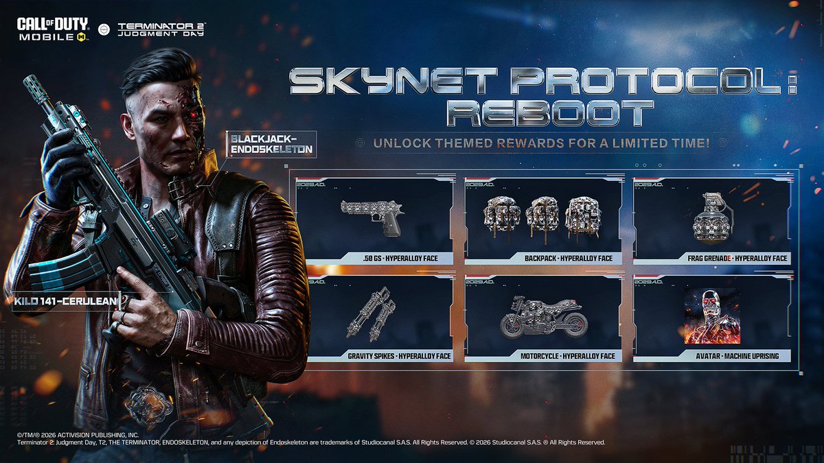 LeakersOnDuty's tweet photo. Terminator 2: Judgment Day Themed Event Rewards.

Complete the tasks to get free Blackjack — Endoskeleton and more.

#CODMobile #callofdutymobile #codm #codmnews #codmleaks https://t.co/uRPZftfgGm