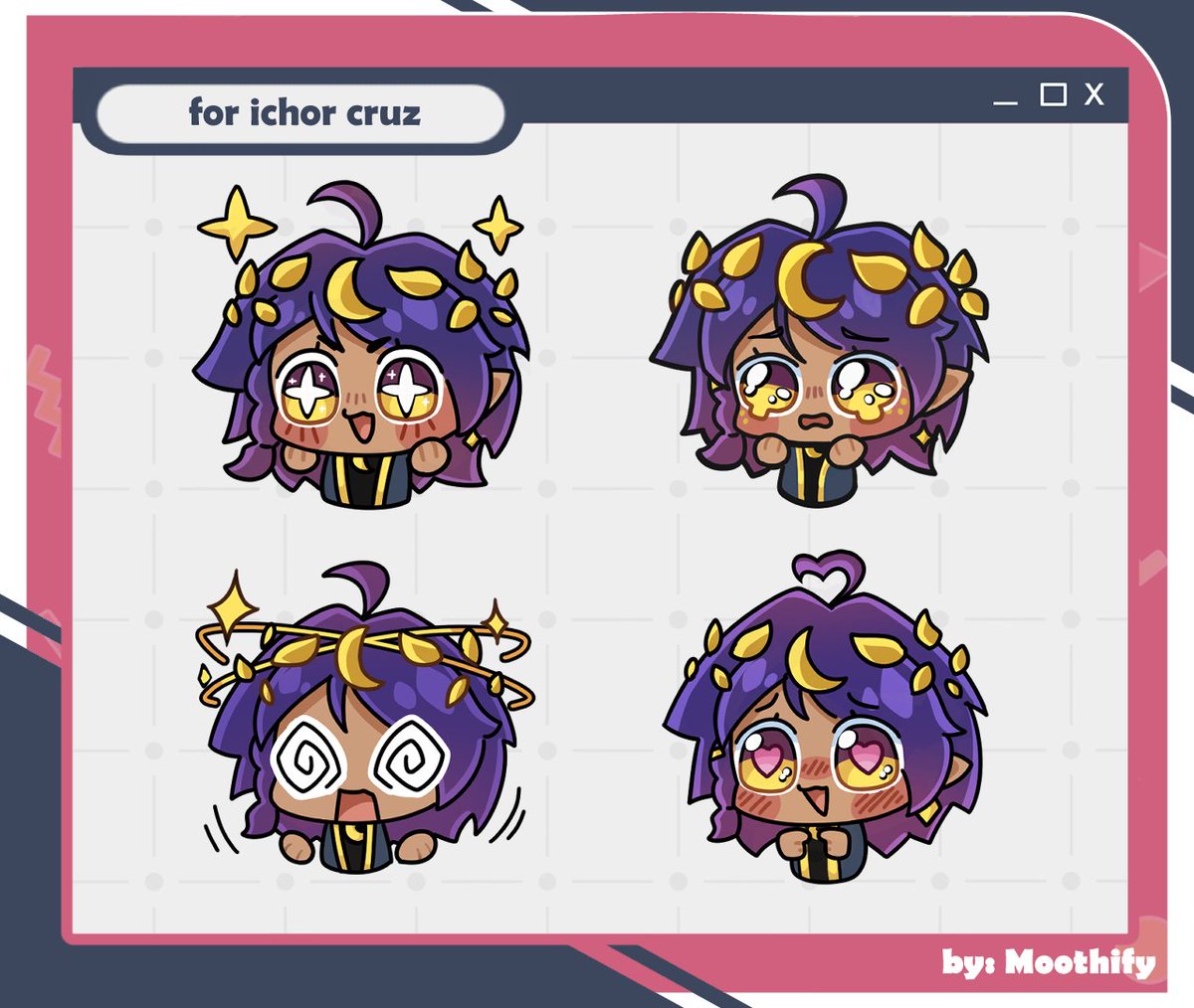 Moothify's tweet photo. Had the pleasure of making some emotes for my good friends @ichor_cruz model debut! https://t.co/0sysSVorFg