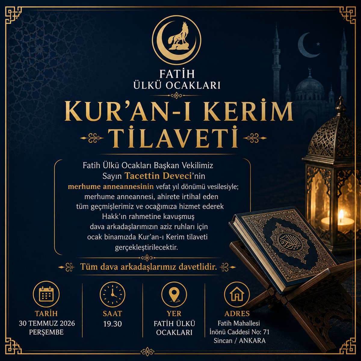 Fatihocak06's tweet photo. Başkan Vekilimiz Sayın Tacettin Deveci'nin merhume anneannesinin vefat yıl dönümü münasebetiyle; ebediyete irtihal eden tüm geçmişlerimiz ve ocağımıza hizmet ederek Hakk'ın rahmetine kavuşmuş dava arkadaşlarımızın aziz ruhları için Kur'an-ı Kerim tilaveti gerçekleştirilecektir. https://t.co/0gwS0N7p1p