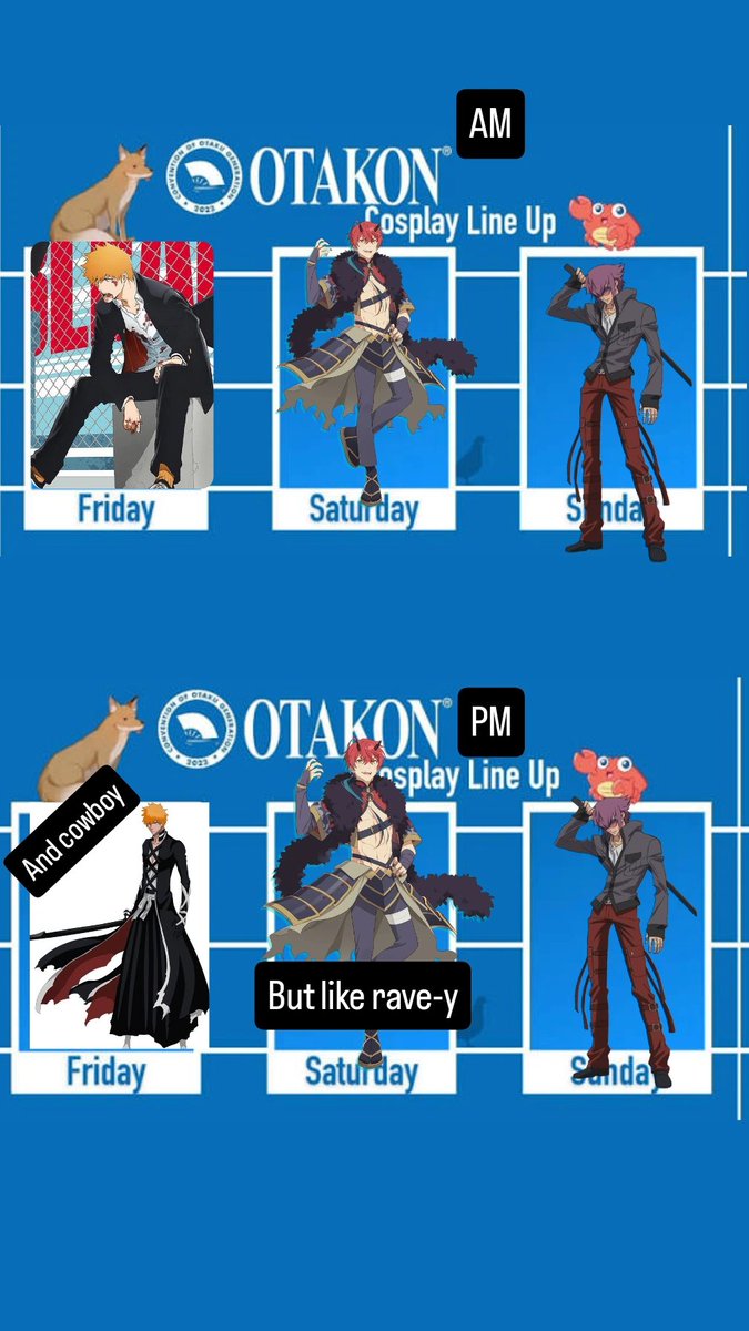 Sung_and_moon's tweet photo. #Otakon2026 lineup!
Friday: Ichigo from #Bleach
Saturday: Akira Mikado from #cosmicprincesskaguya
Sunday: Yuya Mirokuji from #recreators
Who am I seeing there? :D https://t.co/m6RoCVt1wD