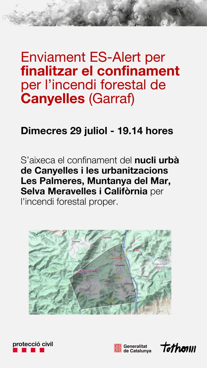 emergenciescat's tweet photo. Alerta #INFOCAT
📲 S'ha enviat un #ESAlert per informar de l'aixecament del confinament per l'incendi forestal de #Canyelles.
✅ Finalitza el confinament al nucli urbà de Canyelles i a les urbanitzacions de Les Palmeres, Muntanya del Mar, Selva Meravelles i Califòrnia. https://t.co/Y1DLWAI5h5