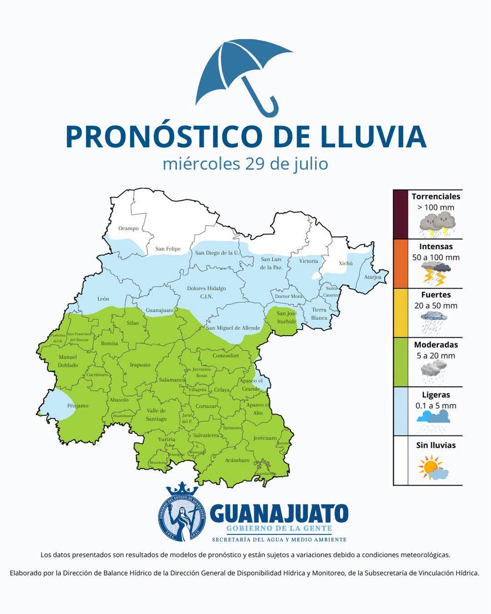 puntoyapartegto's tweet photo. ☔ HOY se pronostican lluvias moderadas y ligeras en #Abasolo, #Acámbaro, #Celaya, #Cortazar, #Comonfort, #Coroneo, #Yuriria, #Irapuato, #Cuerámaro, #Silao, #Huanímaro, #JaralDelProgreso, #Jerécuaro, #ManuelDoblado, #Moroleón, #PuebloNuevo, #Romita, #Salamanca, #Tarimoro, #Salvatierra, #JuventinoRosas, #SantiagoMaravatío, #Uriangato, #Tarandacuao, #ValleDeSantiago, #Villagrán, #ApaseoElAlto, #SanFranciscoDelRincón,  #PurísimaDelRincón, #Pénjamo, #ApaseoElGrande, #Guanajuato #SanJoséIturbide  y #SanMiguelDeAllende.

🌤️ En el resto del estado se prevén lluvias ligeras y nulas.

🔔 Mantente informado a través de las páginas oficiales.
🚨 Toma precauciones y reporta emergencias al 9-1-1. @aguagobgente
@pcguanajuato
#GobiernoDeLaGente #ClimaGuanajuato #Lluvia