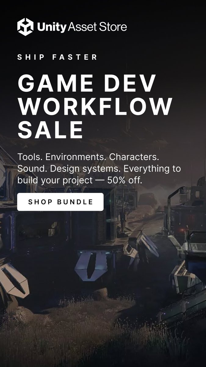 AssetStore's tweet photo. Ship faster, stress less
Tools. World building. Frameworks. Everything you need to go from idea to shipped- 

50% off, for a limited time. 
https://t.co/3CrwsEomng https://t.co/vLZ0Tx4RCg