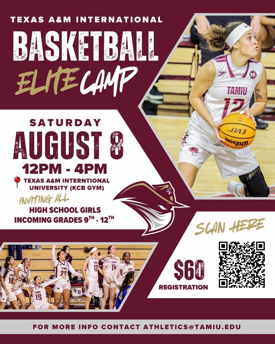 TAMIUWBBHOOPS's tweet photo. We are hosting two Elite Camps this summer-one in Dallas and one right here on campus! Spots are filling up fast so claim yours!

Link attached below

https://t.co/Z7ZFdAamy3 https://t.co/u27BY6mcMi