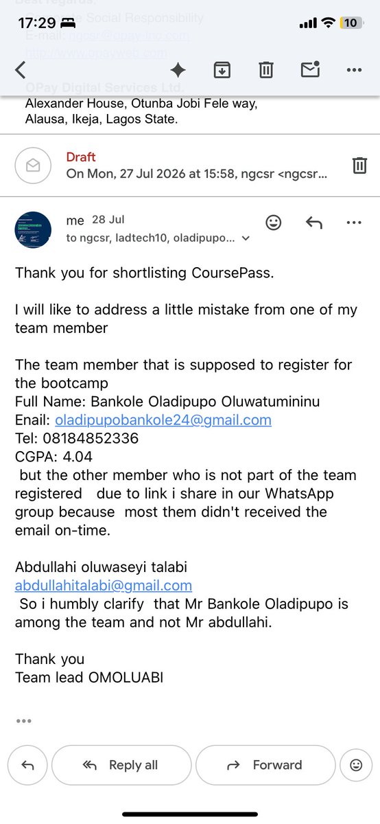 coursepass_app's tweet photo. Good day @OPay_NG 
This Team CoursePass- LASUSTECH
upon receiving the shortlisting email two days ago, all team member confirmed excluding the last member due to team member who is not part of the team we registered with and locked out the actual member out of filling the form. https://t.co/yN9VlQkoZd