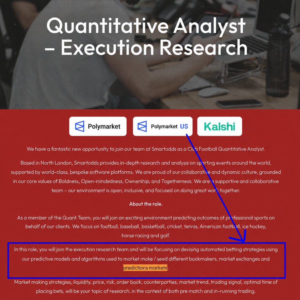 Autonomous_Chad's tweet photo. SmartOdds sports syndicate confirmed to covertly operate on Polymarket & Kalshi

their Quant job offerings was updated to mention the need for deployment on "prediction markets".

For a reminders SmartOdds is the main rival to StarLizard, the #1 sports syndicate, estimated to make $600M/year.

SmartOdds earnings are not public, but to give you an idea :
-  When Starlizard's founder Tony Bloom (on the left) bought Brighton FC, SmartOdds founder Matthew Benham (on the right) countered by buying  Brentford FC
- Matthew Benham is actually the quant that built all of Starlizard's models, he was fired after a dispute and went on to build SmartOdds 

they are a huge operation, in is the same league as Starlizard, maybe even bigger already.

So If you are market making Sports on @polymarket and @kalshi, expect the level of competition to rise. 

Your are not betting against sports degens anymore, but also established syndicates with dedicated quant desks and hundreds of PHDs on their payroll.

alternatively you could just apply for a job there, they are looking for talents with Prediction Markets experience.

If you can't beat them, join them.