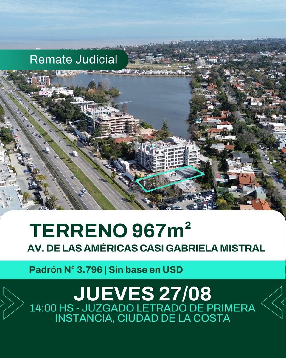 iocco1949's tweet photo. 📍 Remate judicial sobre Avenida de las Américas

Casi Gabriela Mistral · Padrón N.º 3.796
Una oportunidad para inversión o desarrollo en una zona de crecimiento, con excelente conectividad y visibilidad.

📐 Terreno de 967 m²
📏 18 metros de frente
🏗️ 373 m² construidos

🏠 Vivienda + taller

🏘️ Zona de Vivienda Promovida

📍 Comprendido dentro del Plan COSTAPLAN

Normativa Municipal:
🏗️ FOS 40%
📊 FOT 120%
📏 Altura máxima 8,50 m

📅 Jueves 27 de agosto
🕑 14:00 h
📍 Puerta del Juzgado Letrado de 1.ª Instancia de Ciudad de la Costa, 5.º Turno
Av. Ing. Giannattasio, km 23

💵 Remate sin base, en dólares
Consultanos para más información.