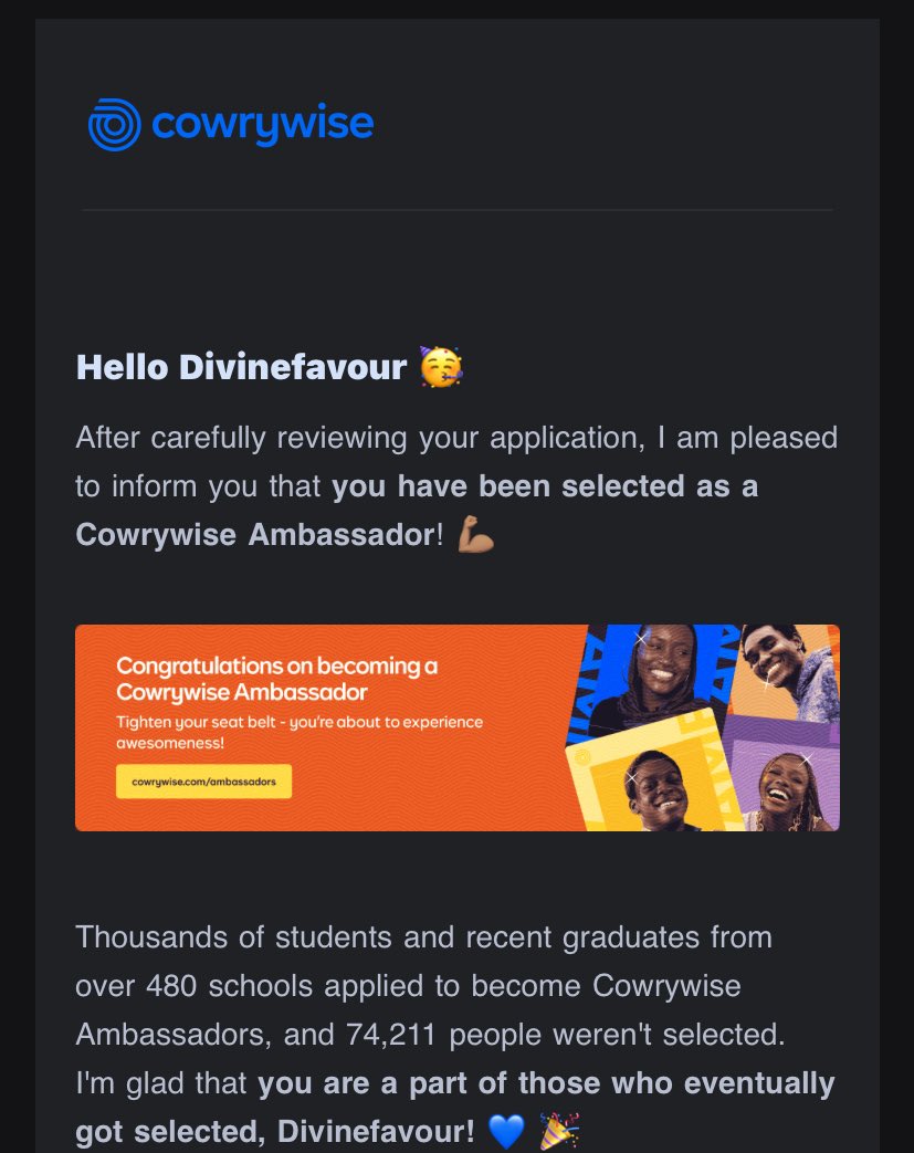 DFavourOjo's tweet photo. I'm so excited today! I have just been selected as a  Cowrywise Ambassador!🎉@cowrywise . You should check it out here- https://t.co/Oa0bf7o0QW (and ensure you register too).🤭 https://t.co/jVGwAimifP