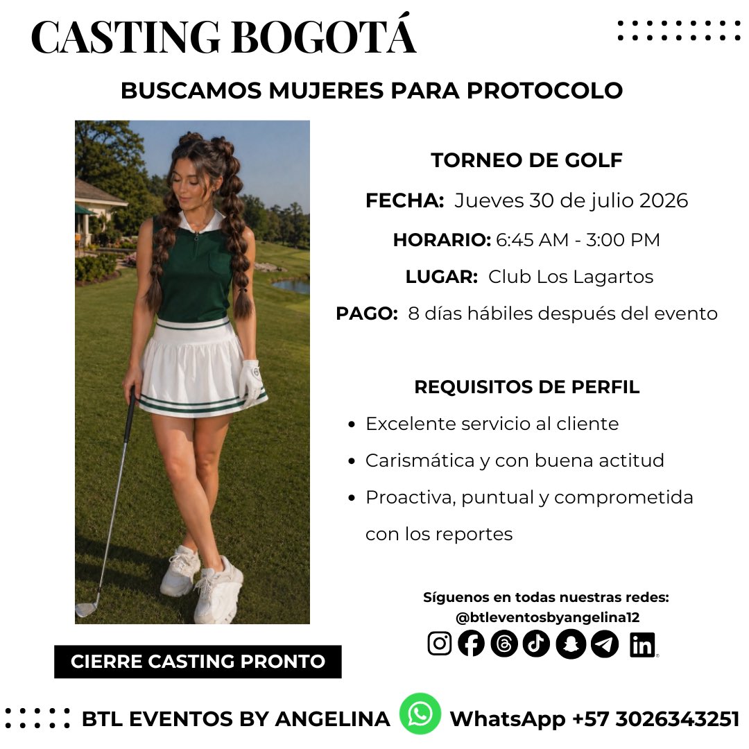 btleventoscol12's tweet photo. CASTING BOGOTÁ 
Buscamos mujeres comprometidas para trabajar en el torneo de golf para el día de llamada con mucha actitud y disposición 
#BTLEVENTOSBYANGELINA #MODELOS #TORNEODEGOLF #BOGOTA https://t.co/5HkokZjW5G