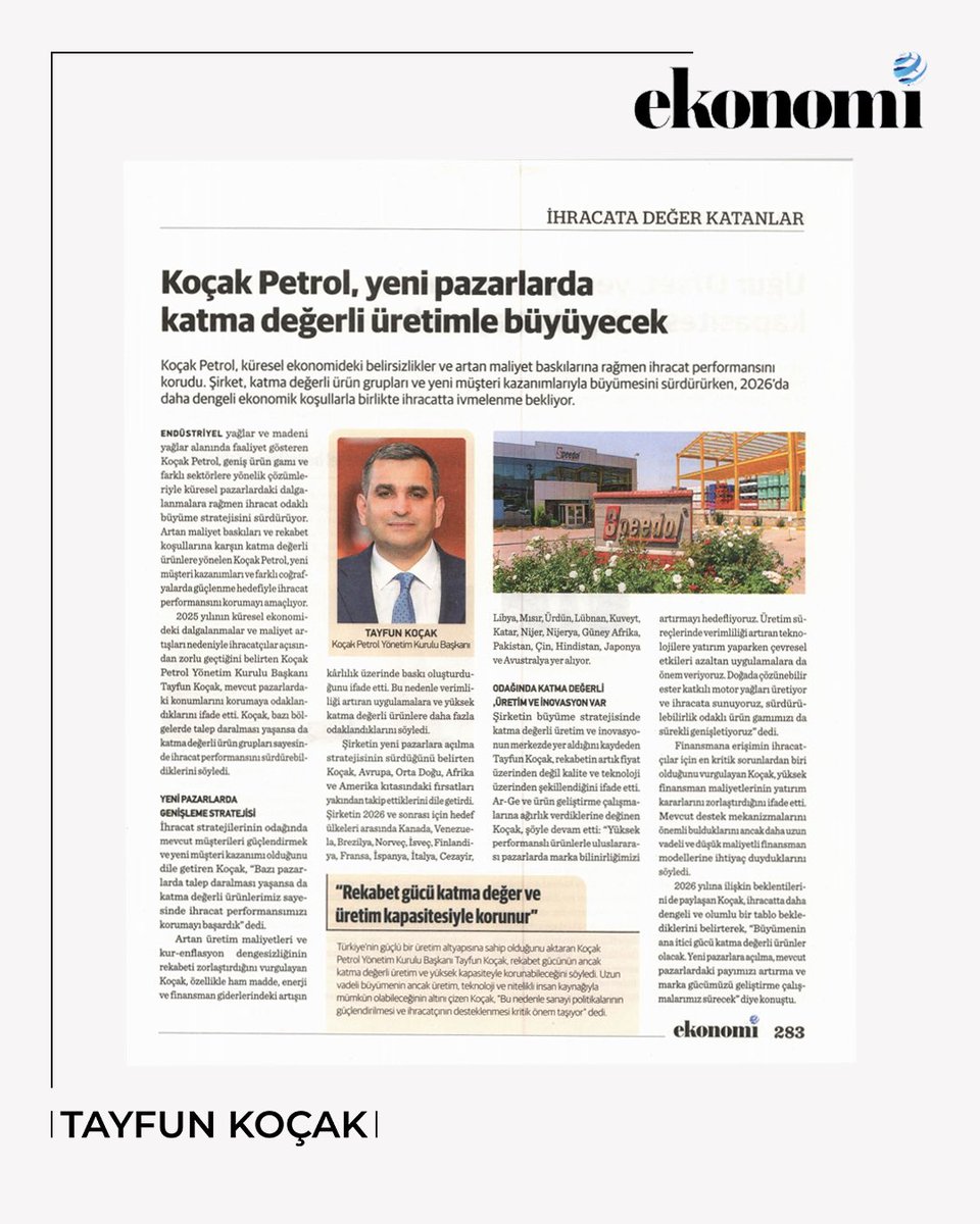 tayfunkocaktk's tweet photo. Katma değerli üretim, inovasyon ve yeni pazarlara açılma stratejimizin ihracat vizyonumuza katkılarına ilişkin değerlendirmelerim basında yer aldı. https://t.co/ArY99biwf7
