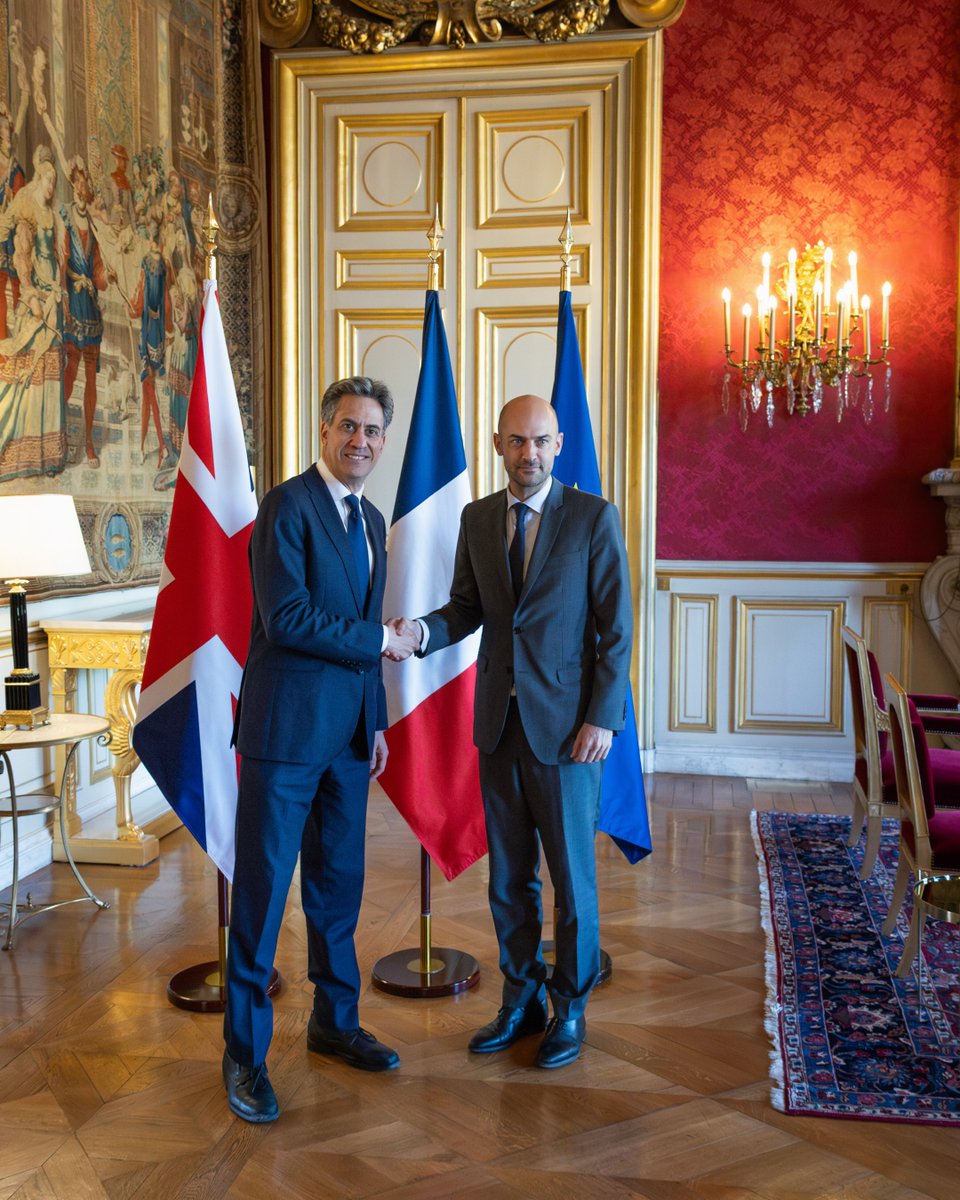 FranceintheUK's tweet photo. Friends. Neighbours. Partners 🇫���🇬🇧

As  the devastating wildfires in France continue, our thoughts are with all those affected and with the emergency workers responding on the ground.

Together in Paris today Foreign Minister @jnbarrot and @FCDOGovUK Secretary @Ed_Miliband discussed how the strong relationship between France and the United Kingdom can help tackle the worsening impacts of climate change, our joint support for Ukraine, European security and our shared efforts towards de-escalation in the Middle East.