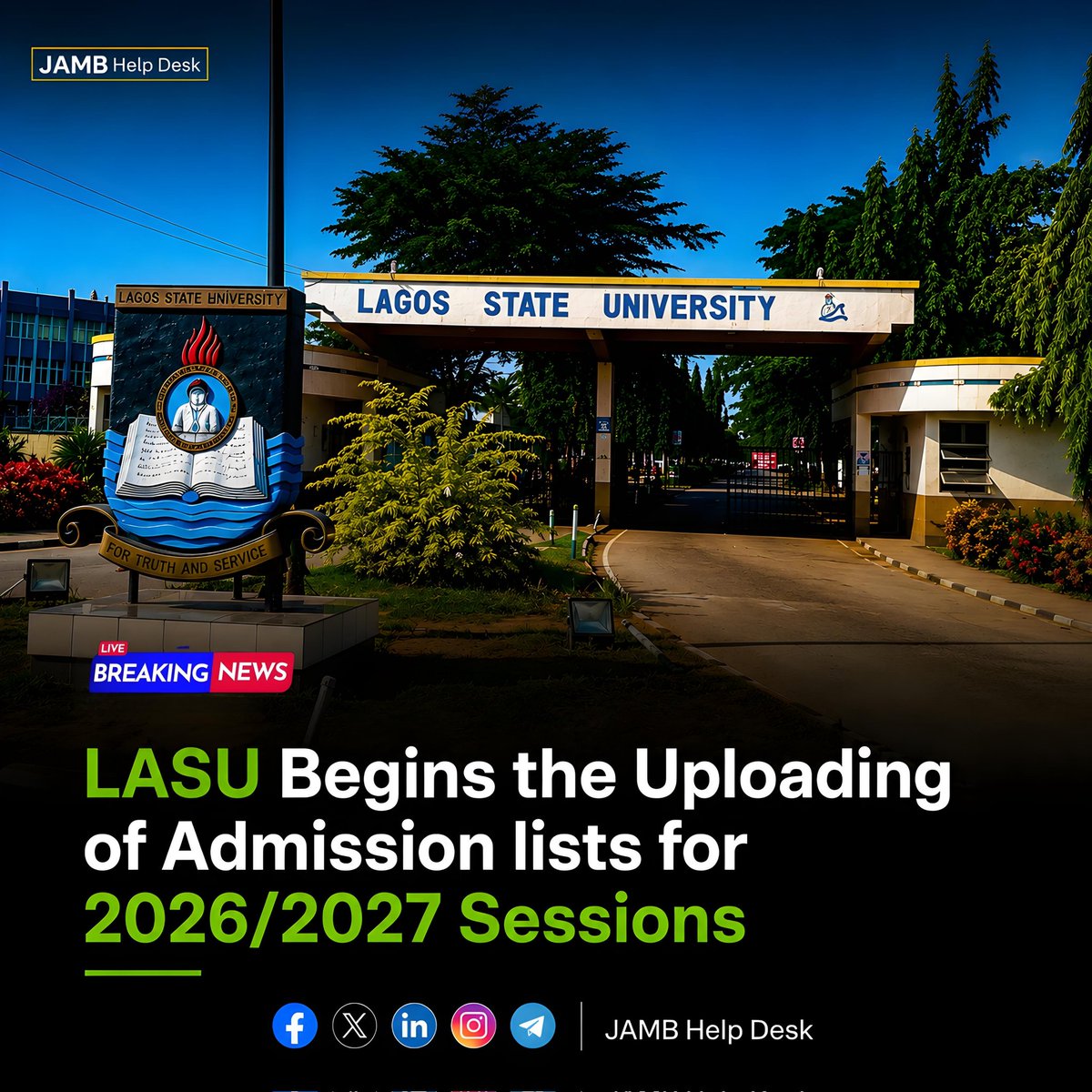 UTMEHQ's tweet photo. LASU begins uploading its 2026/2027 admission list! Check the portal now for your status. Not on this batch? Stay calm, more lists coming soon.
Issues with JAMB CAPS/Printing/NIN? Chat us on WhatsApp: 0702 660 4318
#LASU #LASU2026 #AdmissionList #JAMBUpdates #Nigeria https://t.co/7fblBRbDyW