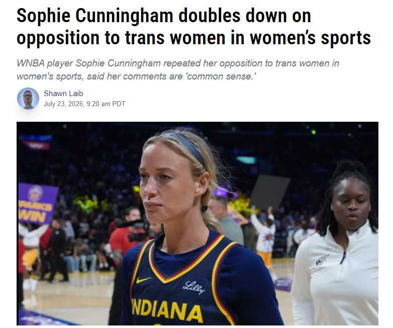 hecheateddotorg's tweet photo. Sophie Cunningham: “I want to protect young girls in a locker room, or young girls in sport who shouldn't have to go against biological men”  

Cue a deluge of "Sophie Cunningham speaks out against "trans" athletes." and " Sophie Cunningham wants to bar 'transgender' students from girls' sports!"

That is not what Sophie said. She did not say "trans" athletes should be banned from anything. She did not mention "trans" at all.  

Even the framing of "Sophie Cunningham says 'transwomen' shouldn't play on women's teams" is dishonest. These outlets could just as well be saying, "Sophie Cunningham says fat men should not be allowed on women's teams," or "single fathers should not be allowed on women's teams."  

She's not homophobic or racist because she doesn't want gay men or Asian men to play on women's teams. She didn't single out any specific group or target anyone. It was a general statement.

Her statement "biological men" refers to ALL MEN.  So of course "transwomen" are included in that statement.

They're men.  

All other groups of men comply with the rules.    

Why can't this one?
