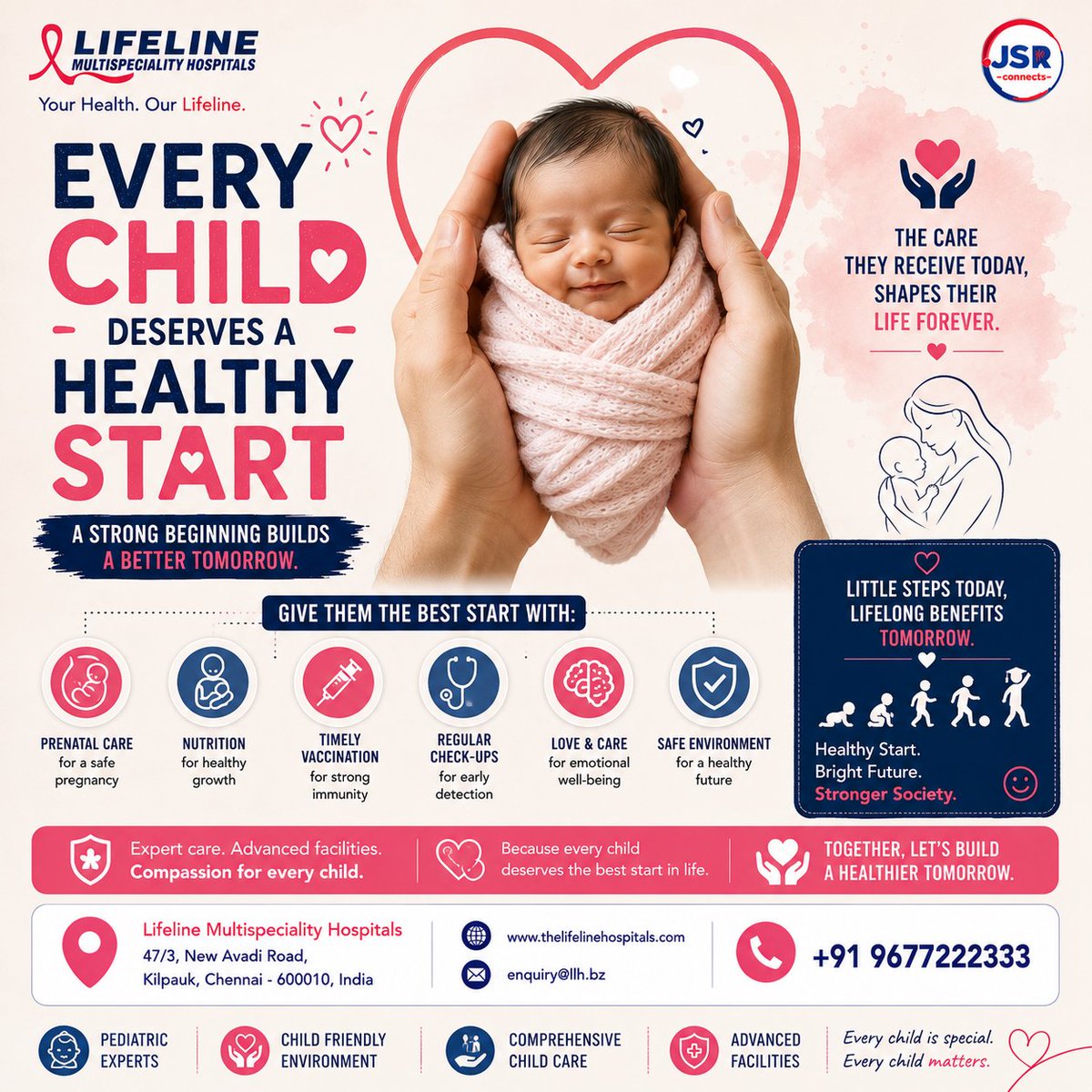 JSRconnect's tweet photo. A healthy childhood is the first step toward a healthy future. Invest in your child's well-being with preventive care, proper nutrition, and regular health check-ups. #HealthyChildren #ChildWellness #GrowingHealthy #Healthcare #LifelineHospitals #DRJSR #JSRCONNECTS https://t.co/m6gEztIkQj