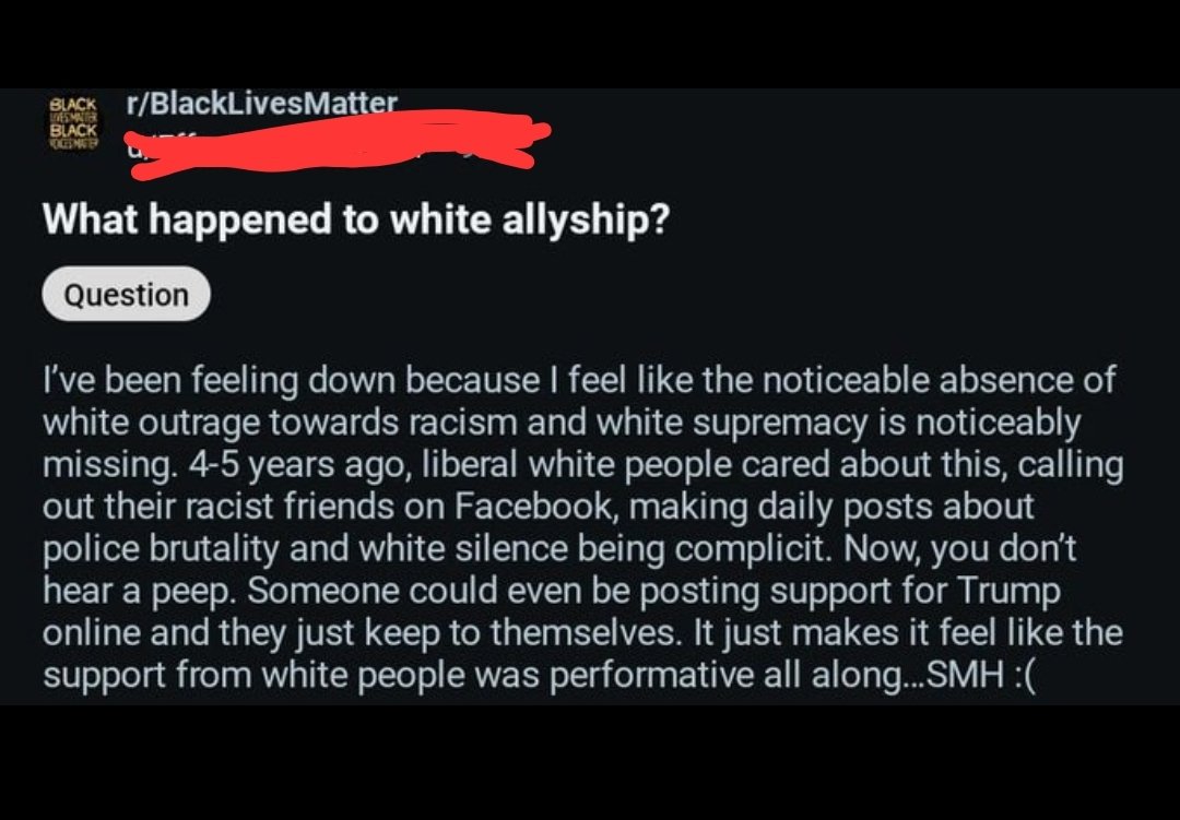FightWithMemes's tweet photo. "What happened to our white allies?"

Amazingly, constantly demonizing white people as evil racists turned out to NOT be a great strategy for securing them as long-term allies.

Everyone besides the most mentally-vulnerable Leftists found your blatant anti-white racism repugnant.

You reap what you sow.