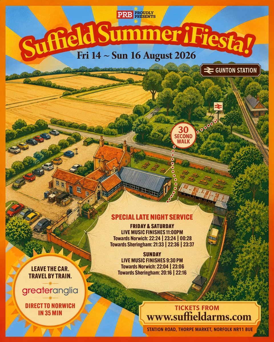 PRBpresents's tweet photo. Hot off the press!🚂 @BitternLine &amp; @greateranglia are running special late-night Suffield Fiesta trains from Gunton Station to #Norwich &amp; #Sheringham, so you can stay to the very end. See the timetable below.

Final tickets &amp; full lineup can be found at🎟️ https://t.co/PHuJrMqgUc https://t.co/ypnHTef1sU