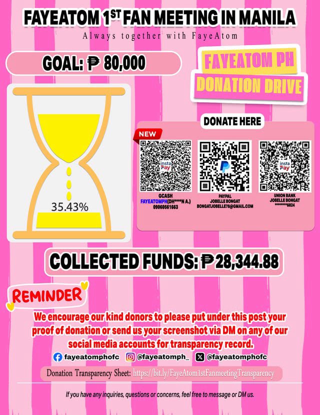 fayeatomphofc's tweet photo. [⏳] #UPDATE: As of JULY 30, 12:40 AM PST, we have collected a total of ₱28,344.88 in donations.

FAYEATOM FAMILY, time is running out. We only have 2 DAYS LEFT before the fan meeting, and we have reached just 35.43% of our target goal. With the event almost here, we are still far from the amount needed to bring all of our approved fan projects to life.

This is our last opportunity to raise the funds needed for the surprises and projects we have worked so hard to prepare for Faye and Atom.

We humbly ask for your support one last time. Whether it's a small contribution or a larger one, every donation brings us closer to making this fan meeting as special and memorable as possible.

If you've been planning to donate, now is the time. Your support today can make a real difference before donations officially close. A single share could help us reach someone who is willing to contribute.

To everyone who has donated, shared our posts, and supported this fundraiser from the very beginning.
Thank you from the bottom of our hearts. Your kindness and generosity mean the world to us.

Special Thanks to @lunglexapinky @Daisy_11rose @atompariya_ph @MALIPEACHTH and other friends who helped us raised our funds earlier at space. Our funds wouldn’t have increased without your help. We’ll repay your kindness soon. 💛🩷

Let's finish strong together.

DONATE HERE:
GCASH: FAYEATOMPH (DH****N A.) – 09060561663
PAYPAL: Jobelle Bongat – bongatjobelle78@gmail.com
UnionBank: Jobelle Bongat – ********6024

Donation Transparency Sheet: https://t.co/WxiZyWo8xW

#FayeAtom1stFMinManila
#FayeAtom
#FayePeraya #AtomPariya