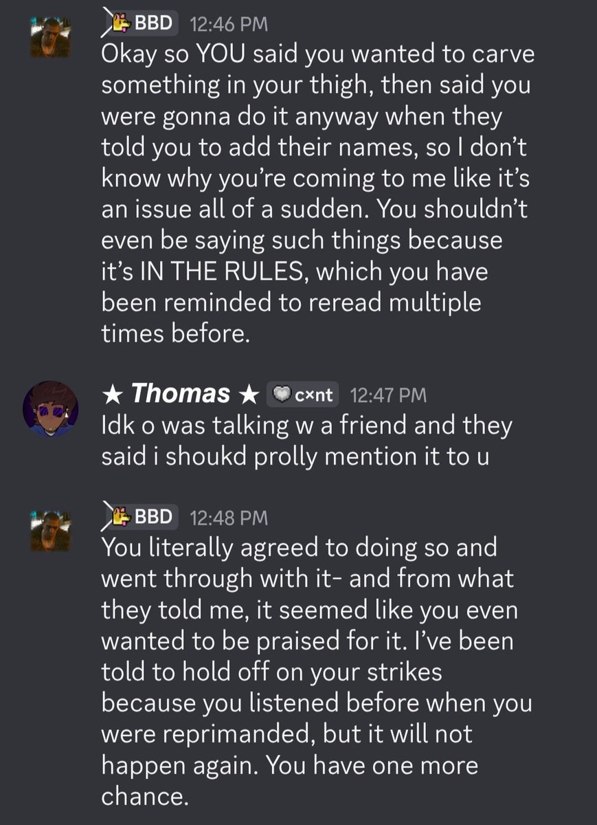 Totally_thomass's tweet photo. 3. OWNER, MOSES
When I brought both things to Moses, he stated it was my fault as I had asked, and doubled down on the fact I had previous strikes in his server. He did not care about the fact tora was an adult, and insisted it was my fault for venting in his server. https://t.co/uHf9MkMNJx