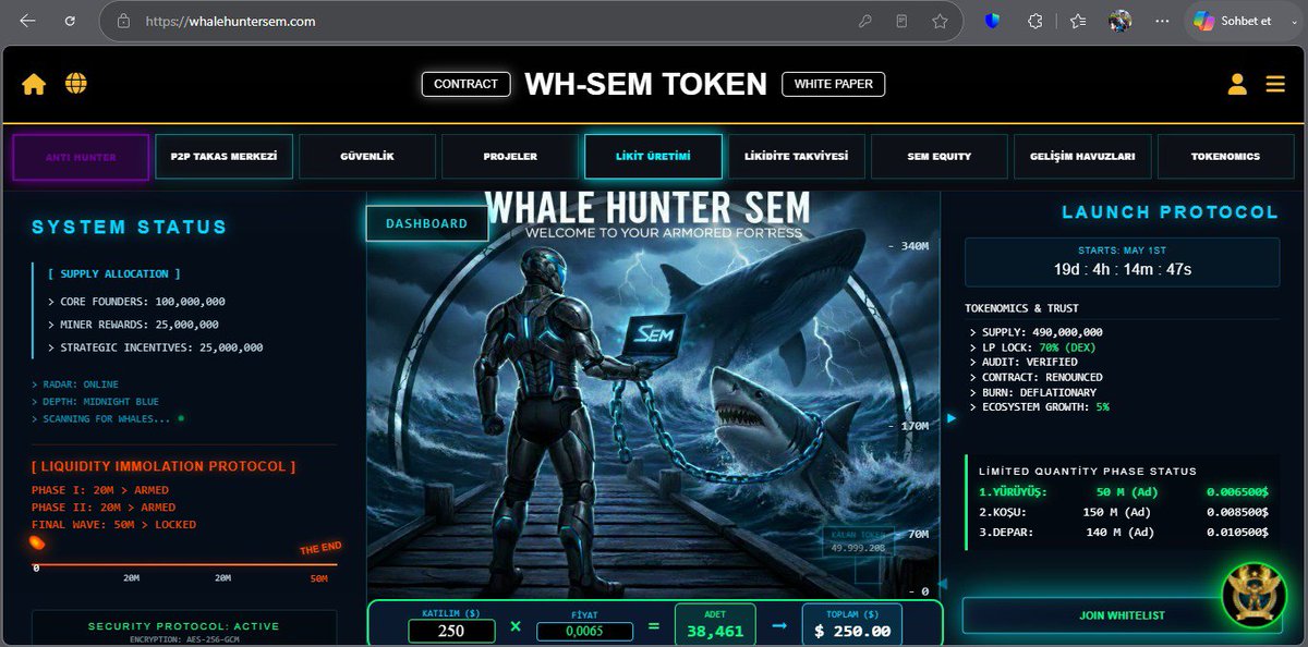 WhaleHunterSem's tweet photo. The Armored Fortress is live! 🛡️ Explore the WH-SEM ecosystem with Anti-Hunter, P2P terminal & Liquidity Mining. Hunt with the whales, don't just survive. Join the whitelist! 🚀
#Web3 #Crypto #DeFi #WHSEM #WhaleHunter #Blockchain https://t.co/D832n0rVH1