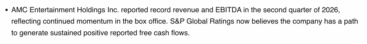 StockRetail's tweet photo. AMAZING.
S&P now says AMC will deliver full-year positive cash flow.

In my Nov/Dec videos, long before this, I laid out why 2026 would bring full-year positive cash flow for AMC, and that it would cap a combined 7-quarter positive run (Q2’25–Q4’26).

Yesterday S&P Global Ratings published the same view in their upgrade report: positive free cash flow (screenshot from their own publication).

While my Nov/Dec analysis was circulating, some of the larger “ape” accounts focused on cash burn, amplified fear, and launched a coordinated group attack on me that began with a lie.

The numbers, and now a major rating agency, keep confirming the path I called.

Track records matter.

Decide who you listen to: the voices that spread doubt and toxic lies, or the one whose calls keep landing.

$AMC