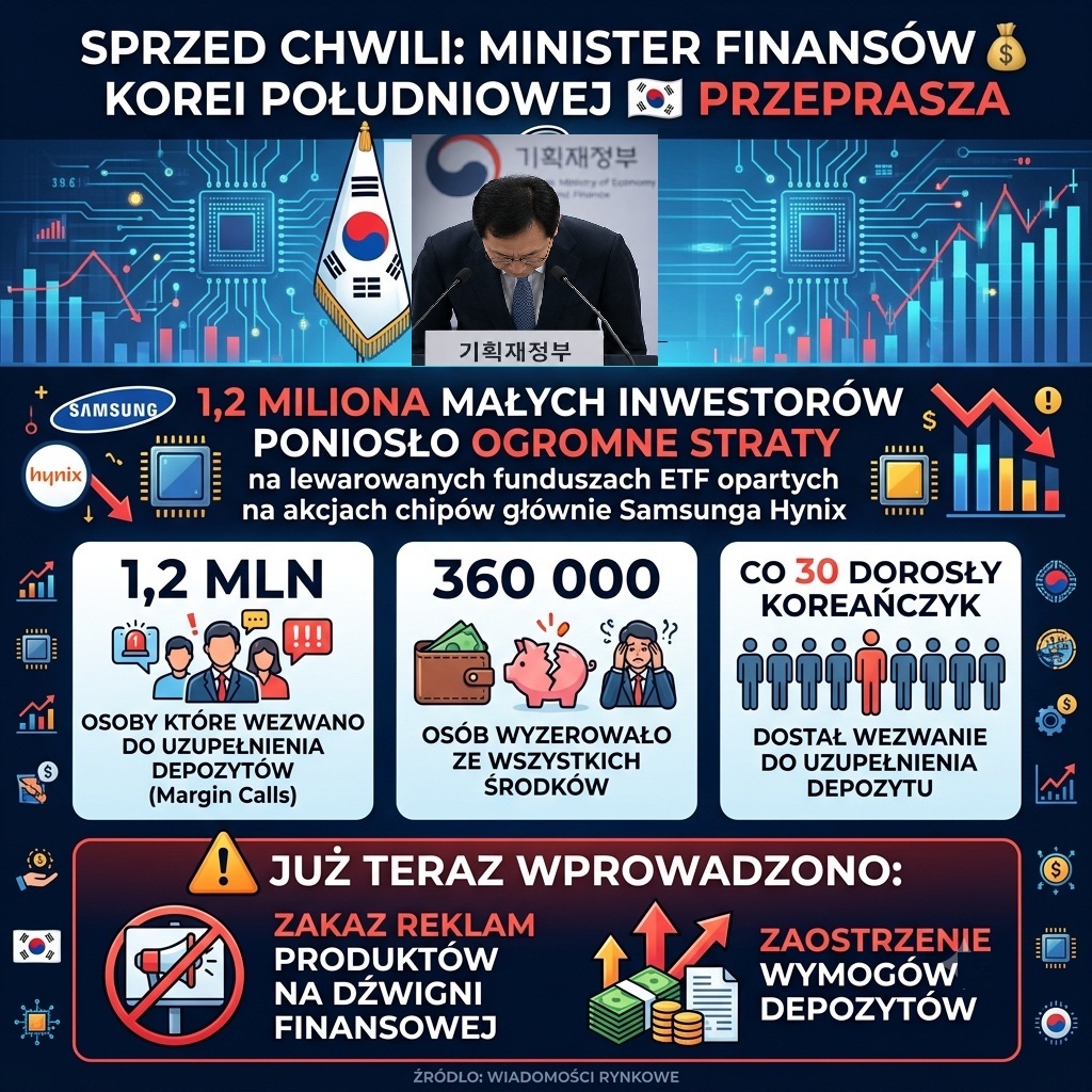 GPW_Trader2022's tweet photo. Sprzed chwili : Minister finansów 💰 Korei Południowej 🇰🇷przeprasza po tym, jak 1,2 miliona małych inwestorów poniosło ogromne straty na lewarowanych funduszach ETF opartych na akcjach chipów głównie Samsunga Hynix. 
- te 1,2 mln to osoby które wezwano do uzupełnienia depozytów.
- 360 000 osób wyzerowało ze wszystkich środków
- co 30 dorosły Koreańczyk dostał wezwanie do uzupełnienia depozytu.

⚠️Już teraz wprowadzono :
- zakaz reklam produktów na dźwigni finansowej
- zaostrzenie wymogów depozytów
- zakaz dla wielu agresywnych ETF
