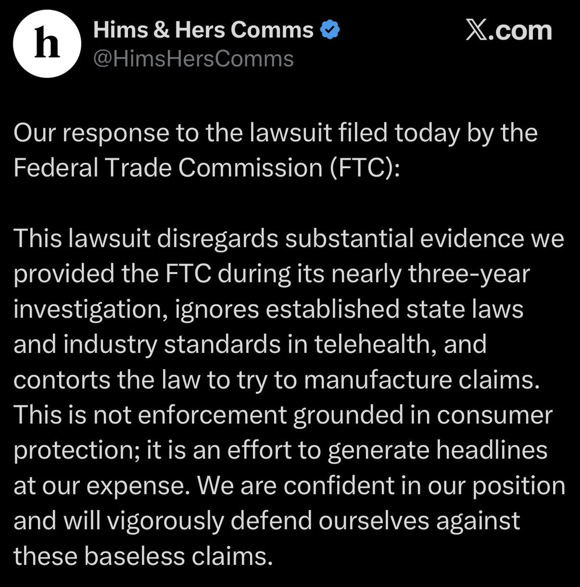 himshouse's tweet photo. 🚨 BREAKING: $HIMS CALLS FTC LAWSUIT "BASELESS"

SAYS IT WILL VIGOROUSLY DEFEND ITSELF https://t.co/YymZhX9GFR