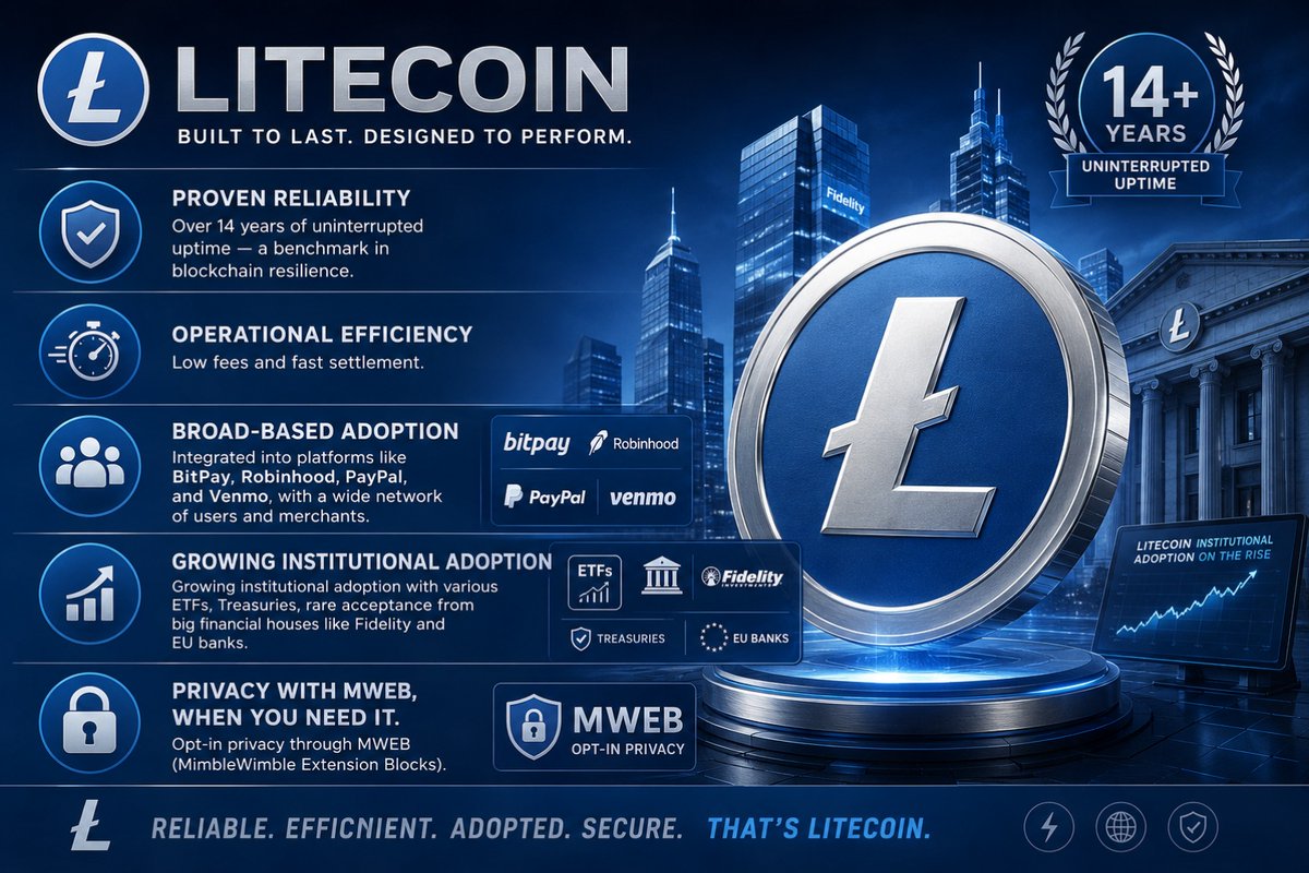 LTCFoundation's tweet photo. Why Litecoin?

☑️Proven Reliability: Over 14 years of uninterrupted uptime — a benchmark in blockchain resilience.
☑️Operational Efficiency: Low fees and fast settlement.
☑️Broad-Based Adoption: Integrated into platforms like BitPay, Robinhood, PayPal, and Venmo, with a wide network of users and merchants.
☑️ Growing institutional adoption with various ETFs, Treasuries, rare acceptance from big financial houses like Fidelity and EU banks.
☑️ Privacy with MWEB, when you need it.