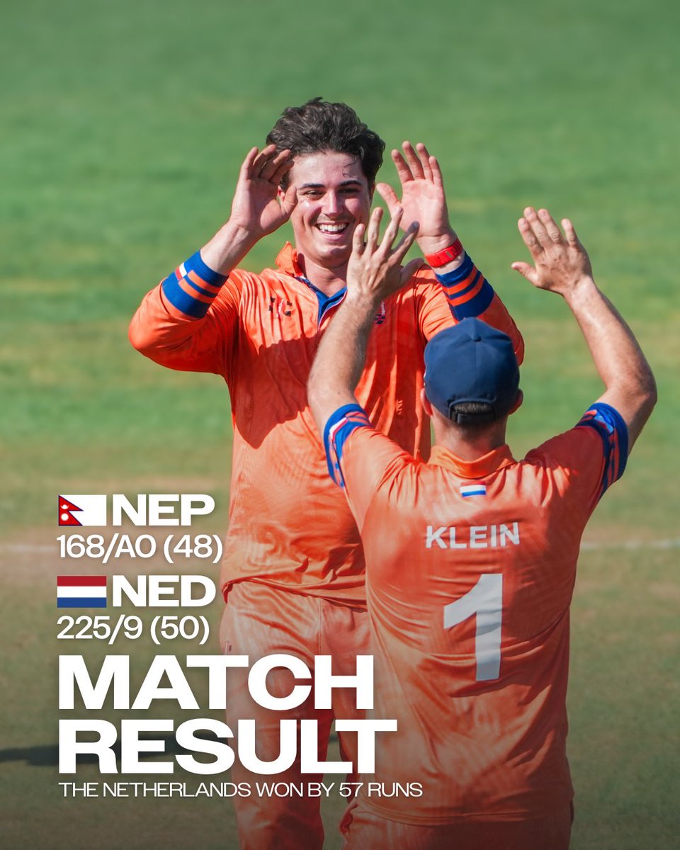 KNCBcricket's tweet photo. Perfect at home! 🧡🏏

Netherlands beat Nepal by 57 runs at Kampong 225/9 on the board, Nepal all out for 168.
Man of the Match: Noah Croes. 🙌

Three from three. On to the next https://t.co/Bd4IxhcSC0