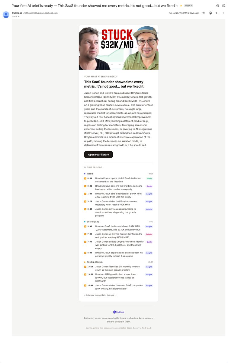 desenmeng's tweet photo. @asmartbear @DmytroKrasun PodHood’s Subscribe builds an opt-in list you own. Then it’s fully automated: publish to Transistor or YouTube; PodHood detects the episode, creates a Brief—summary, chapters, exact-moment links—and emails it to subscribers under the show’s name. I’ve attached an example below. https://t.co/u4fgalYAo1