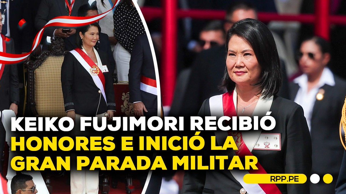 RPPNoticias's tweet photo. 🔴 La presidenta Keiko Fujimori recibió los honores correspondientes como jefa de Estado, saludó a la Bandera Nacional y ocupó el estrado de honor para dar inicio a la Gran Parada y Desfile Cívico Militar. 

👉 https://t.co/3unhNGMc7s
#FiestasPatriasxRPP https://t.co/WYoGCEj706