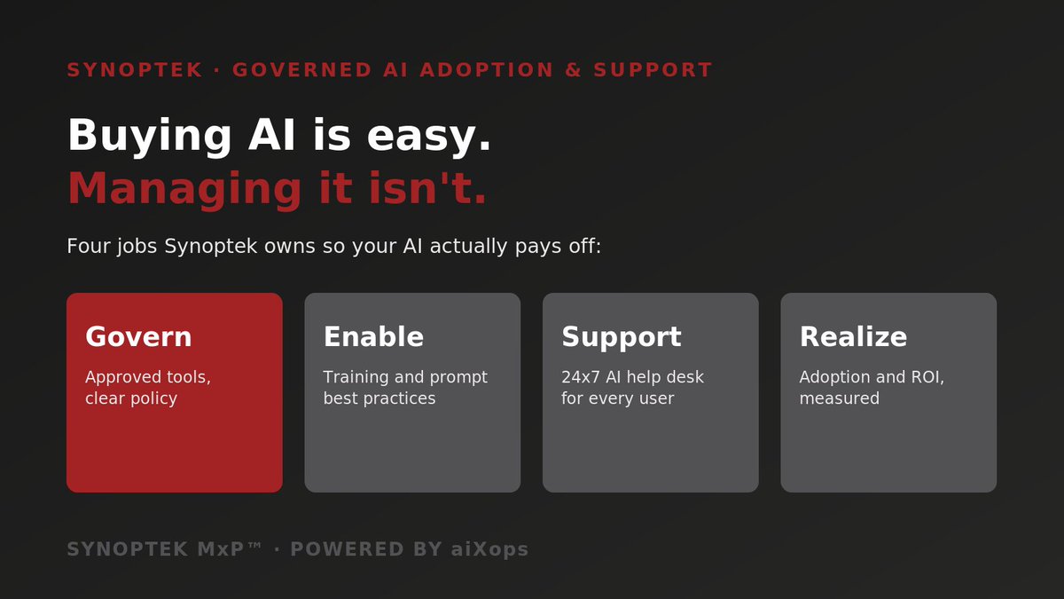 SynoptekMxP's tweet photo. Buying AI licenses is easy. Turning them into adoption, safely, is the hard part.

That's the job of Synoptek's Managed AI Program Office: govern the tools, enable the people, support every user, and prove the value.

Your AI program, managed.

#aiXops #ManagedServices https://t.co/X1uT7hl9of