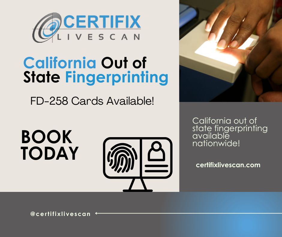 Certifix's tweet photo. 📋 Moving to California or applying for a CA license from out of state? Here's what you need to know about the FD-258 fingerprint card:

#certifixlivescan #FD258 #OutOfStateFingerprinting #Fingerprinting #CaliforniaLicensing #BackgroundCheck https://t.co/OI1oij8phZ