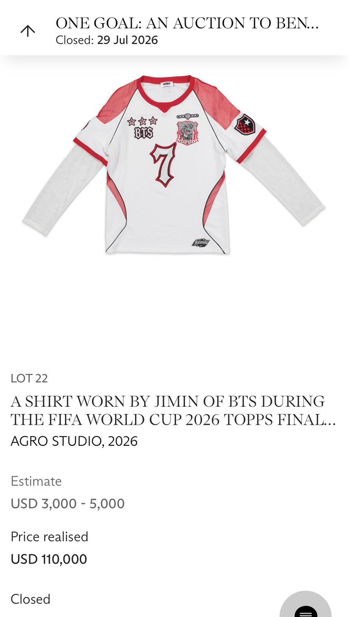 trinhers's tweet photo. Auction Item: A SHIRT WORN BY JIMIN OF BTS DURING THE FIFA WORLD CUP 2026 FINAL HALFTIME SHOW

Estimate: USD 3,000 - USD 5,000

Final Winning Bid: USD 110,000 https://t.co/wrqX6pGCbC