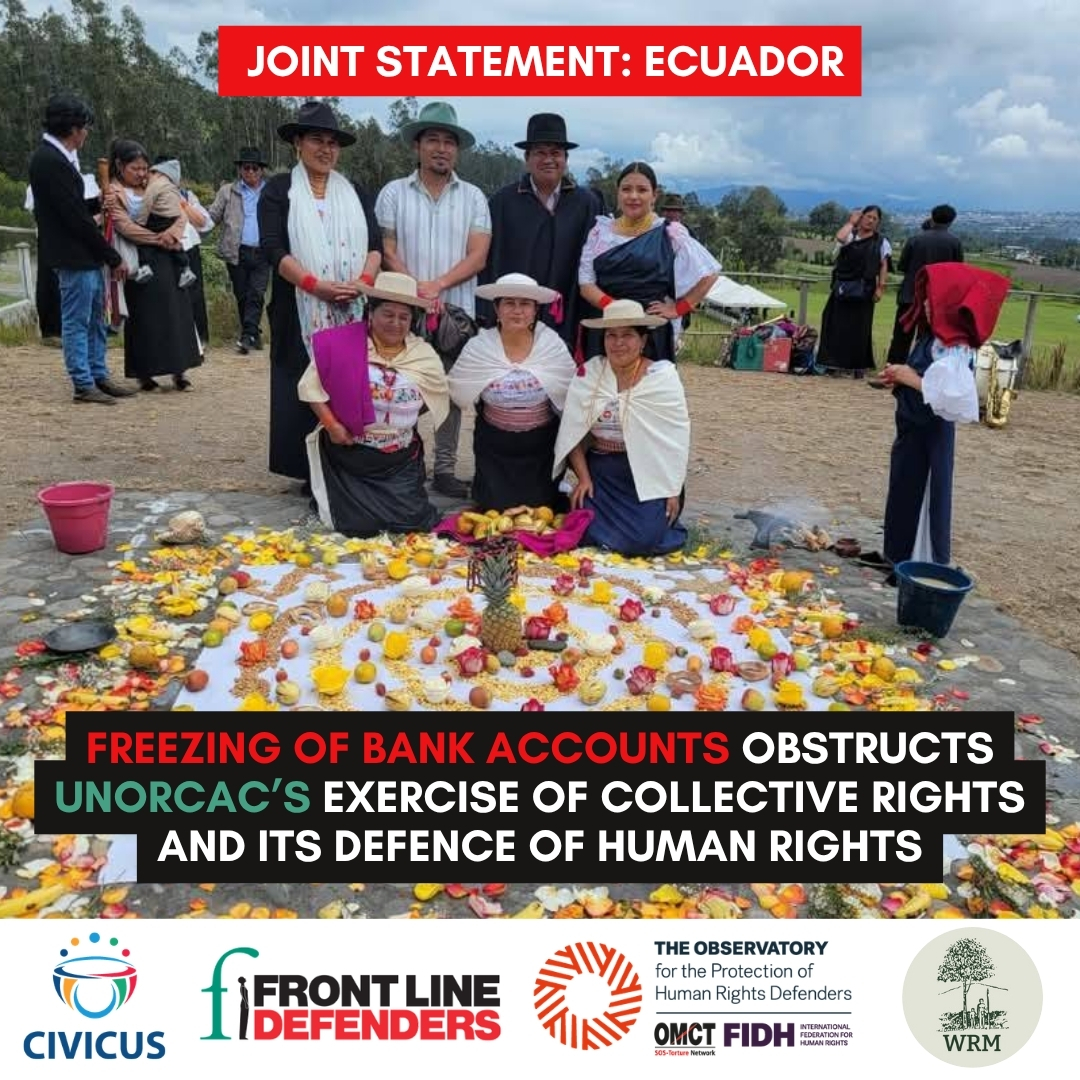 FrontLineHRD's tweet photo. 📍ECUADOR

🚨We strongly condemn the freezing of bank accounts of the Unión de Organizaciones Campesinas e Indígenas de Cotacachi (Union of Peasant and Indigenous Organisations of Cotacachi) - @UNORCAC -, as well as the personal bank accounts of its members. 

We are concerned to observe financial harassment and criminal proceedings being used to silence Indigenous organisations and defenders since the national 2025 protests, as it seems part of a wider pattern in Ecuador of persecution of organisations and defenders of Indigenous rights. At least 30 UNORCAC members are currently facing criminal charges.

With @CIVICUSalliance , @fidh_en , @omctorg and @WorldRainforest , we call on Ecuadorian authorities to lift the freeze, guarantee due process, and stop criminalising the defence of human, collective and environmental rights.

🔗Read the full joint statement: https://t.co/OY22uprHAP