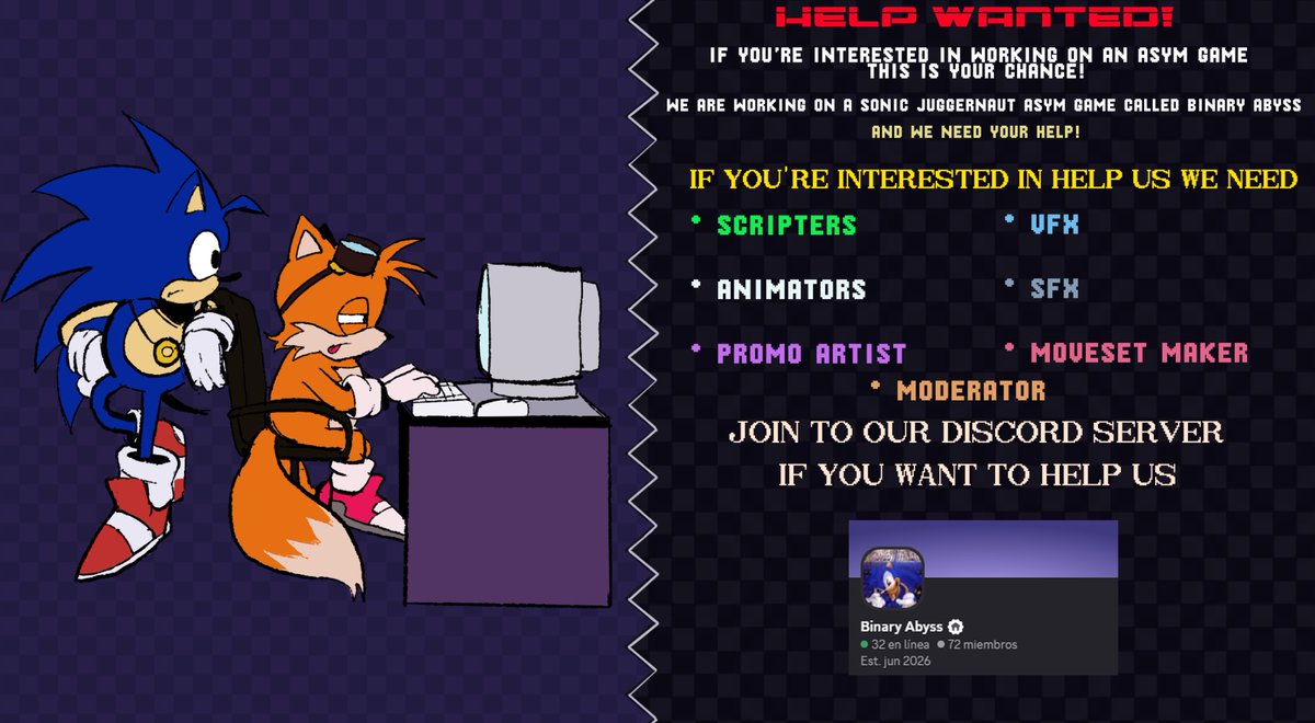 AGESBINARYABYSS's tweet photo. We at the Binary Abyss Team need your Help!We need Scripters,Animators,Promo Artists,VFXS And SFXS,Moveset Makers and Moderators.If you want to apply go to our discord server and go to dev apps. https://t.co/hhi8rgut4S https://t.co/nmmrIMFIXD