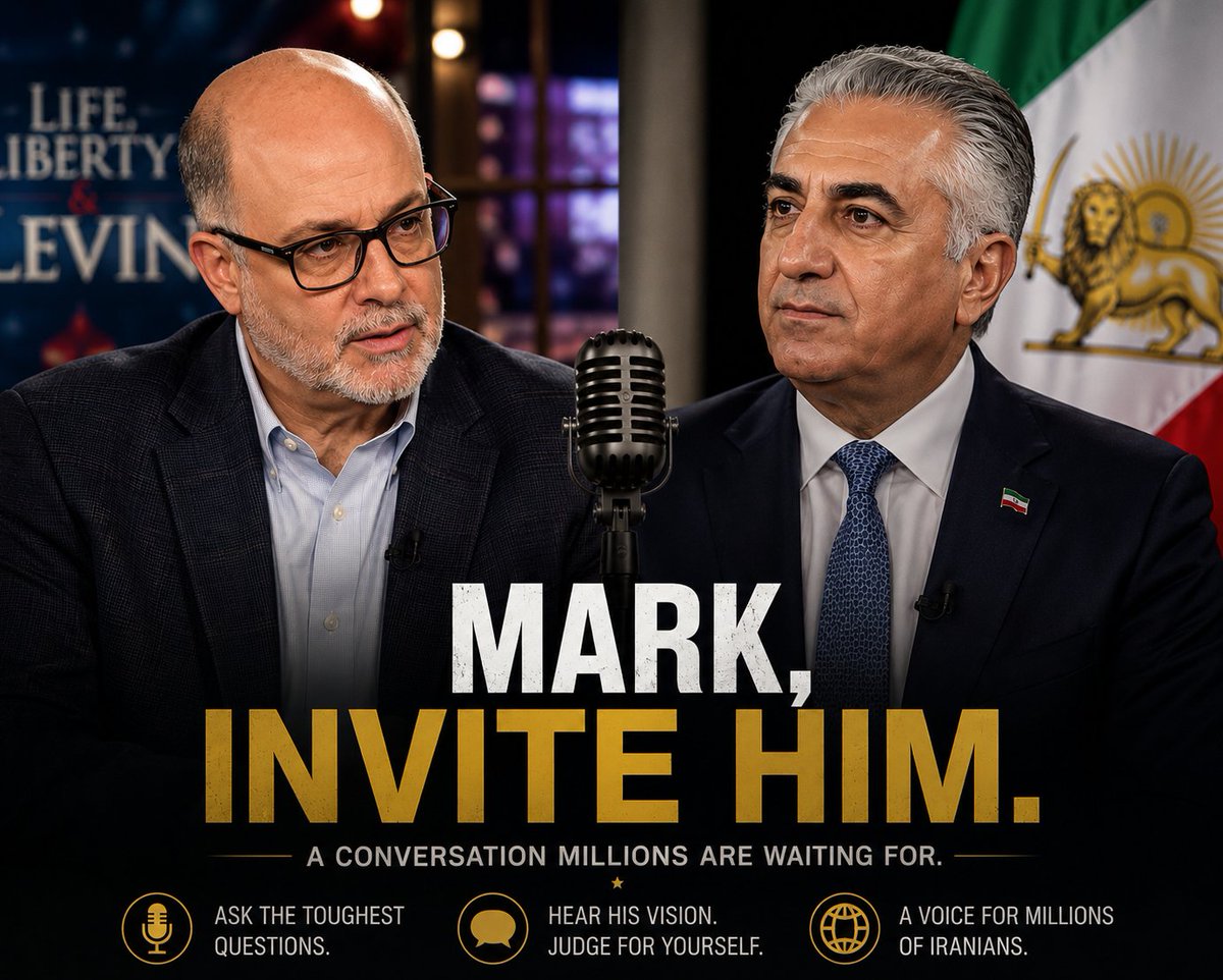 DehnadSaeid's tweet photo. Dear Mark, @marklevinshow, 

You recently raised the important idea of a government in exile for Iran.

If so, why not invite the one person millions of Iranians have rallied behind? Invite @PahlaviReza to your show. Let your audience hear directly from him and decide for themselves.

My open letter:
👇
#Iran #USA #RezaPahlavi