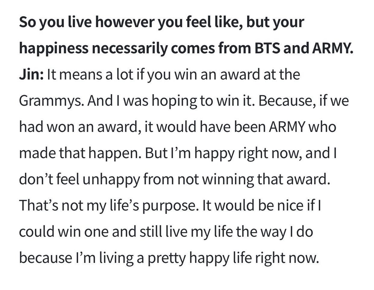 jinyamira765's tweet photo. 🐹 I hoped to win a Grammy because if we had won one, it would have been thanks to ARMY. But I'm happy now, and I don't feel unhappy about not winning that award. It's not the purpose of my life. It would be nice if I could win one while continuing to live the way I do, https://t.co/8e6f797VnJ
