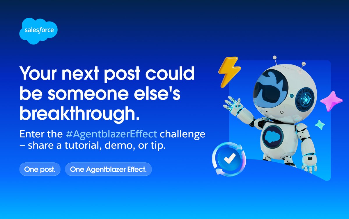 SalesforceAdmns's tweet photo. π€ Be part of the #AgentblazerEffect.
If you've learned something while building with Agentforce, don't keep it to yourself.
Share:
β A how-to or tutorial: A step-by-step setup, configuration tip, or prompt engineering technique you discovered.
β A lesson learned: Honest takeaways, pitfalls to avoid, or what you'd do differently after building an agent.
β A best practice: Your go-to tips for building more effective, trusted agents.
Share it in whatever format works best for you, whether that's a blog, video, LinkedIn post, podcast, tutorial, or something else. Then post it on LinkedIn using #AgentblazerEffect and tag @Trailhead.
π Two creators every month will win* Apple AirPods Max.
π Every qualifying entry earns an exclusive Agentforce T-shirt (while supplies last).
*Restrictions apply. See Official Rules: https://t.co/hRGfkAhEBa