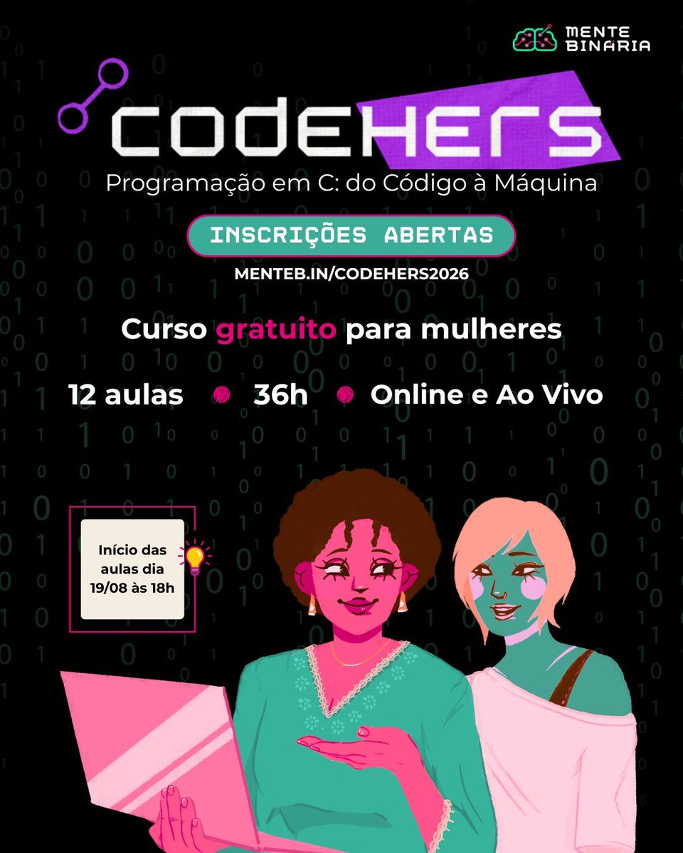 mentebinaria's tweet photo. Inscrições abertas!

📅 De 19/08 a 04/11/2026 - No dia 19/08, a aula terá início às 18h. 
🕖 Quartas-feiras, das 19h às 22h
💻 Online e ao vivo
⏱️ 36 horas de formação
👩 Para mulheres com 18 anos ou mais

As vagas são limitadas.

🔗 Confira o link
https://t.co/Wy5CAFqTjP https://t.co/kE2SuSmRlM