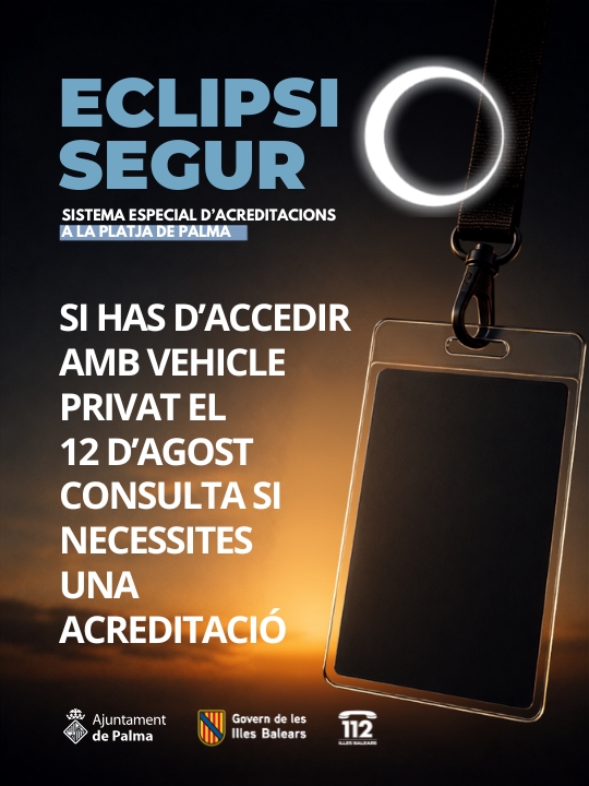 ajuntpalma's tweet photo. ☀️🌑 ECLIPSI SEGUR: 🚗 Has d'accedir amb vehicle privat a la Platja de Palma?

Abans de posar-te en marxa, comprova si necessites una acreditació. https://t.co/r2UB5z0N0L