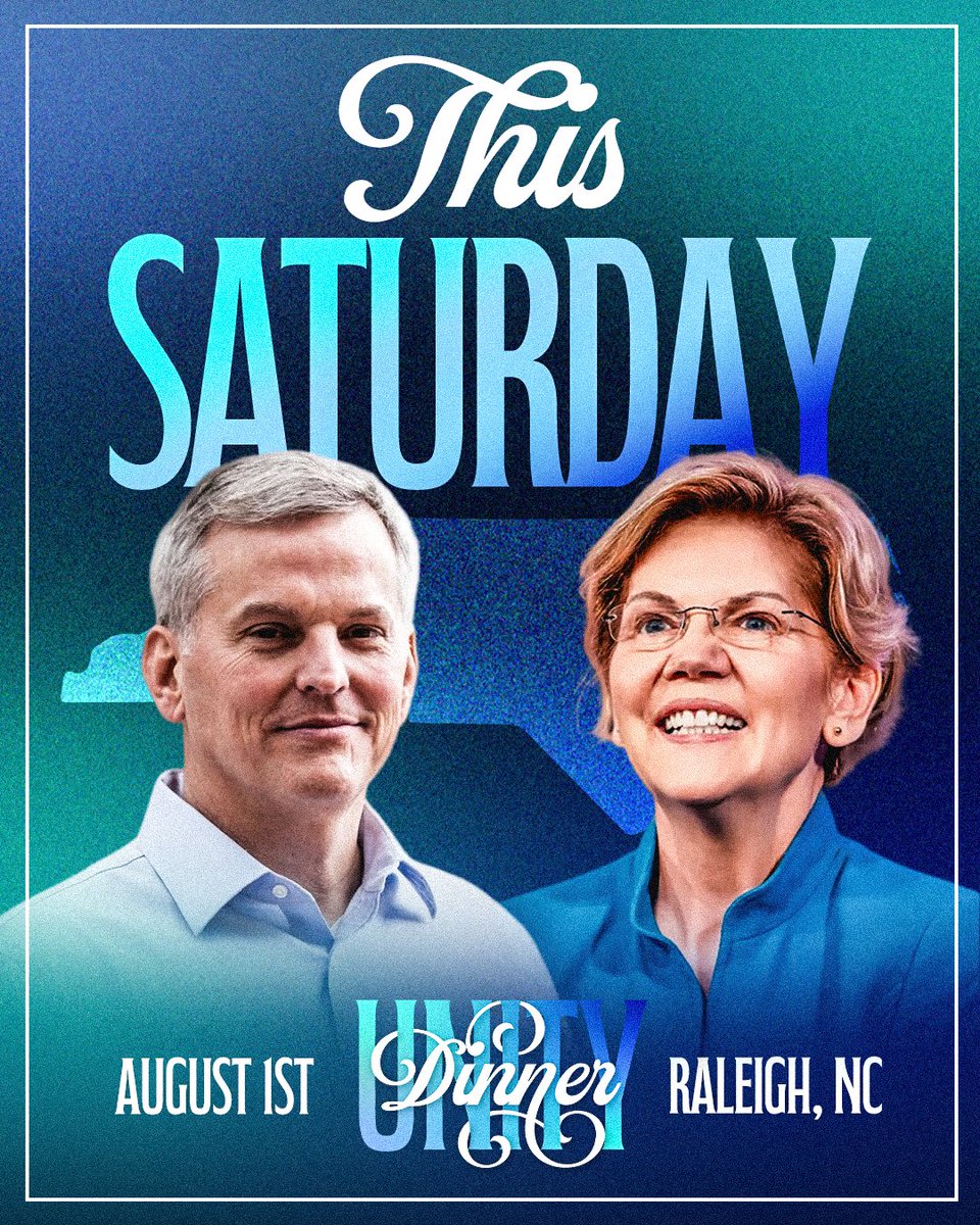 NCDemParty's tweet photo. Our biggest night of the year is just days away!

Join us for an evening surrounded by Democrats who are pushing NC forward. Hear from from Sen. @ewarren, Governor @JoshStein_, and our next US Senator, @RoyCooperNC!

 🎟️ Grab your tickets at https://t.co/k4EL4I90tc https://t.co/sOUKpLSV29