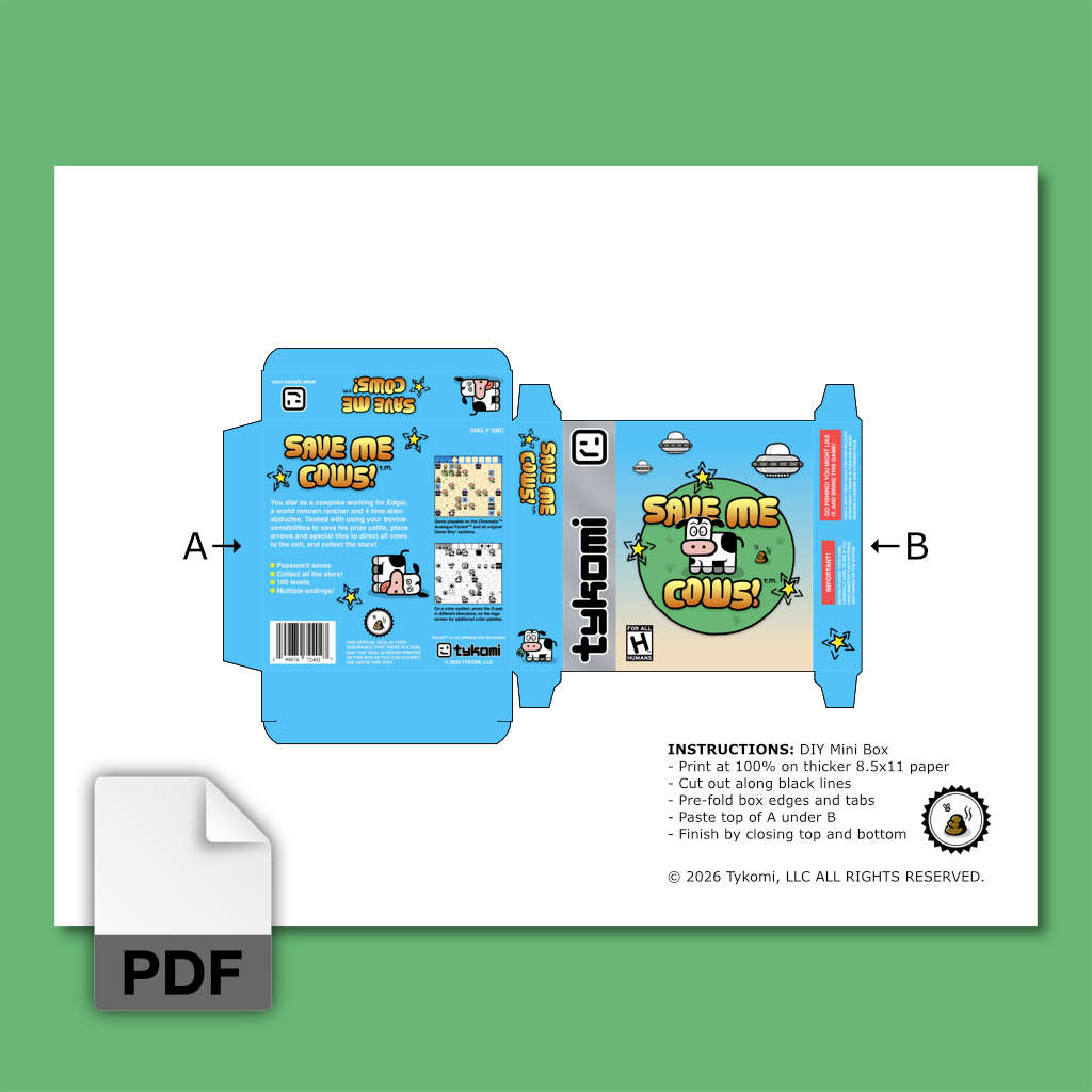 p0rth05's tweet photo. 🐮 MOO-VE OVER, PHYSICAL ONLY! 🐮

Save Me Cows! (Game Boy) is finally available as a ROM download!

Get it now → https://t.co/ASgw9pzKJM

100 levels of addictive cow-herding puzzle action. 
download + manual + solutions + minibox + promo

Who’s saving the cows first?

#SaveMeCows #Gameboy #Homebrew #IndieGame #RetroGaming #PixelArt #PhysicalGame #ModRetro #indiegamedev #gamedev #indiegame #Nintendo #gameboy #gameboycolor #PhysicalRelease #solodev #soloindiedev #AnaloguePocket #Chromatic