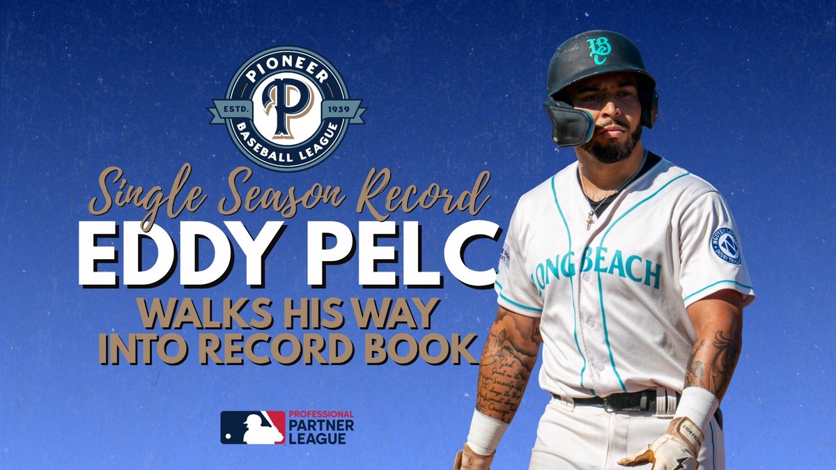 PBL1939's tweet photo. 🚨 HISTORY MADE. 🚨

Congratulations to @longbeachcoast 's Eddy Pelc, who drew his 87th last Sunday walk to set a new Pioneer League single-season record, breaking a mark that stood for 55 years.

And he did it with 36 games still to play. 👏🔥

#PBL #LongBeachCoast https://t.co/XsfXrkezV2