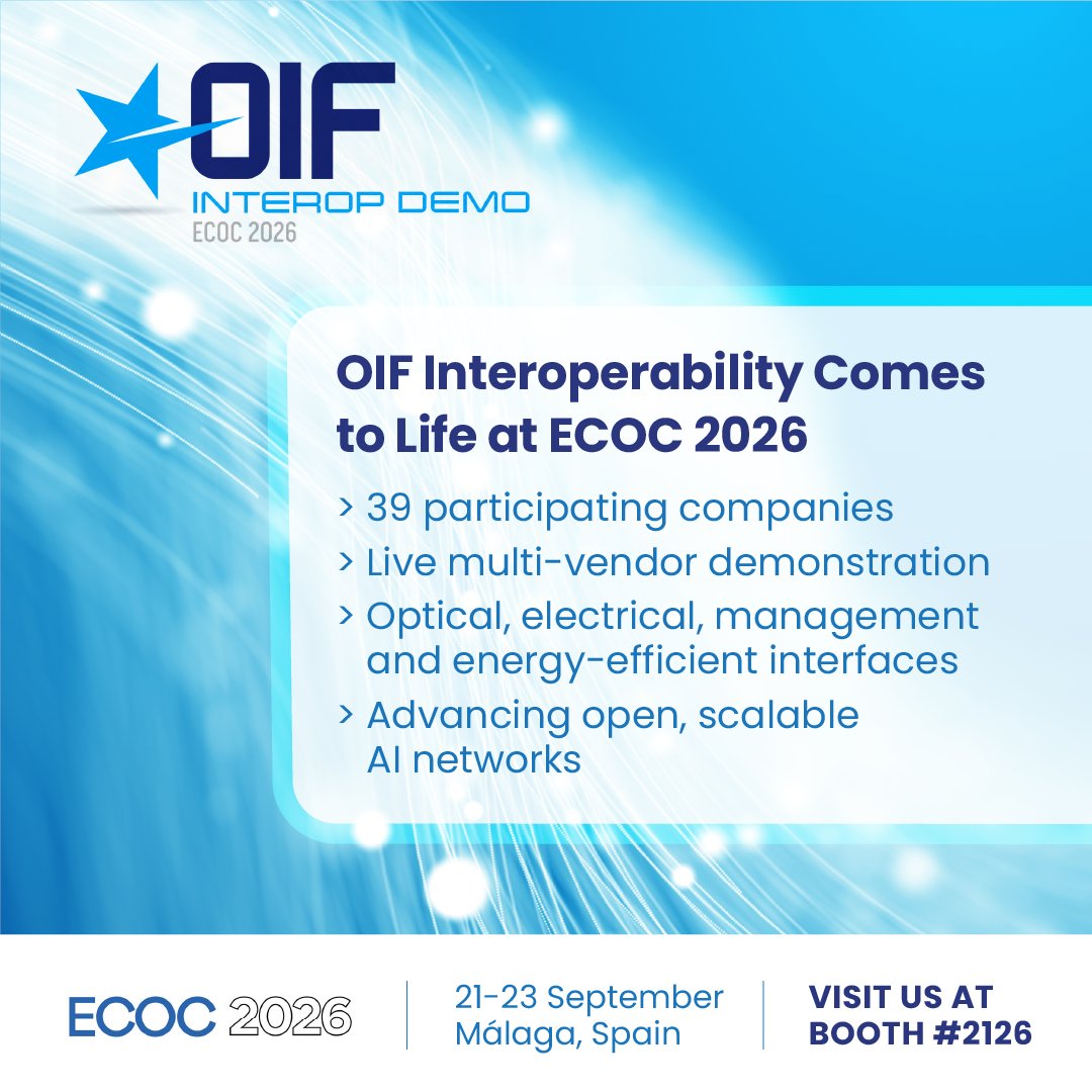 LightmatterCo's tweet photo. Interoperability is how networks and ecosystems scale. Join us at OIForum’s #ECOC26 showcase in September, where 40 participating companies will demonstrate interoperable optical systems, 448G & 224G common electrical I/O (CEI), CMIS, co-packaging, energy efficient interfaces and more. Visit booth #2126.
Learn more: https://t.co/VcjuLkF5UA
#NextGenNetworks #Interop