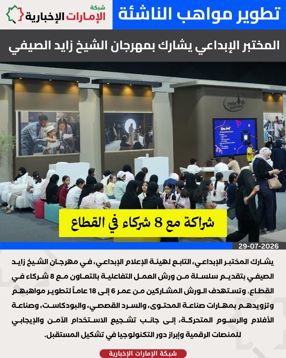 uae_net_'s tweet photo. المختبر الإبداعي يشارك في #مهرجان_الشيخ_زايد الصيفي بورش عمل تفاعلية لتطوير مواهب الناشئة في مجال الإعلام الرقمي.

#شبكة_الإمارات_الإخبارية https://t.co/v9KOGKenc0