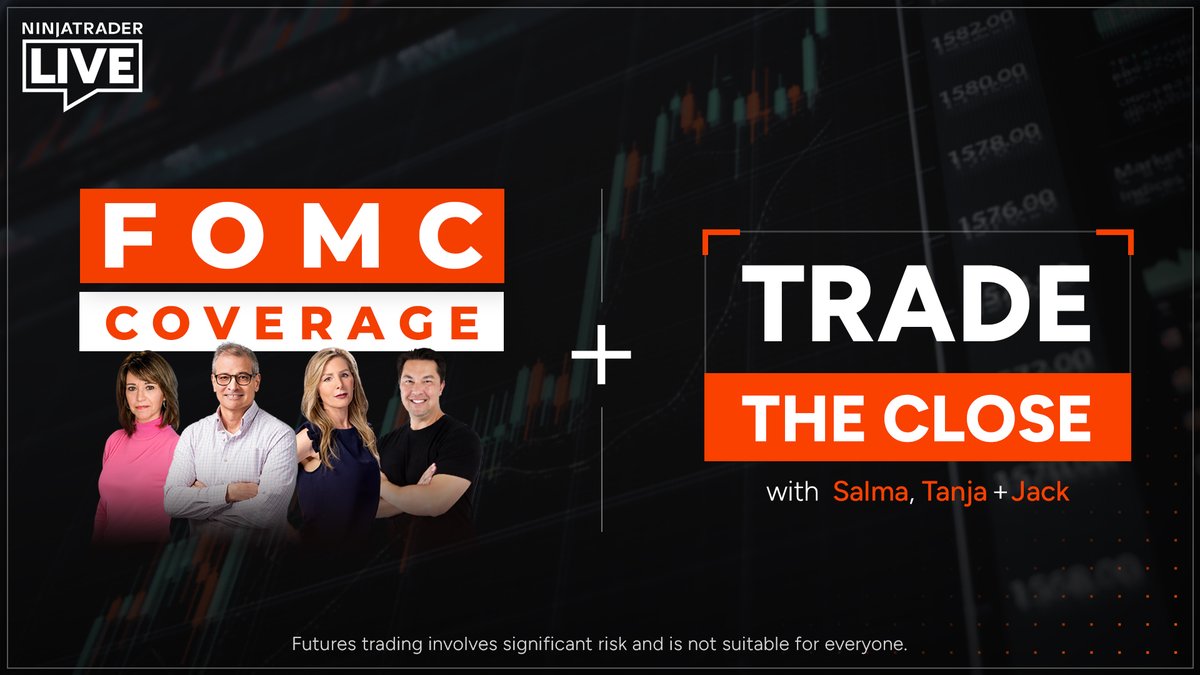 NTLiveMedia's tweet photo. 🚨 We're LIVE at 1:45 PM ET for the Fed rate decision with @maggielake, @NinjaTrader_Jim, @chigrl, @PipCzar. 

Watch here → https://t.co/qA1a30HyBU

Then it's time to trade the volatility into the close. 📈

@TanjaTrades • @salmaogs • @jackgleason https://t.co/l94ST8RUUO